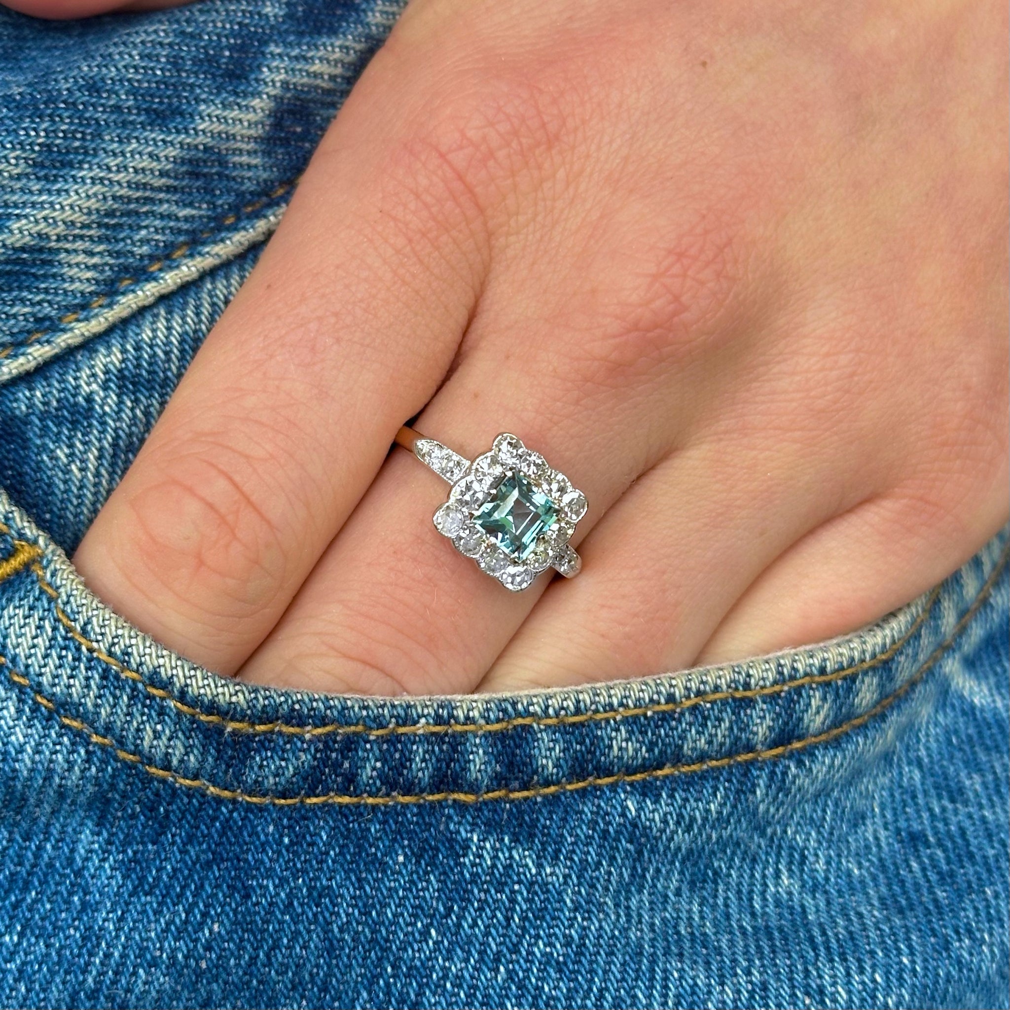 Antique, Edwardian Aquamarine and Diamond Square Cluster Ring, worn on hand in pocket of jeans
