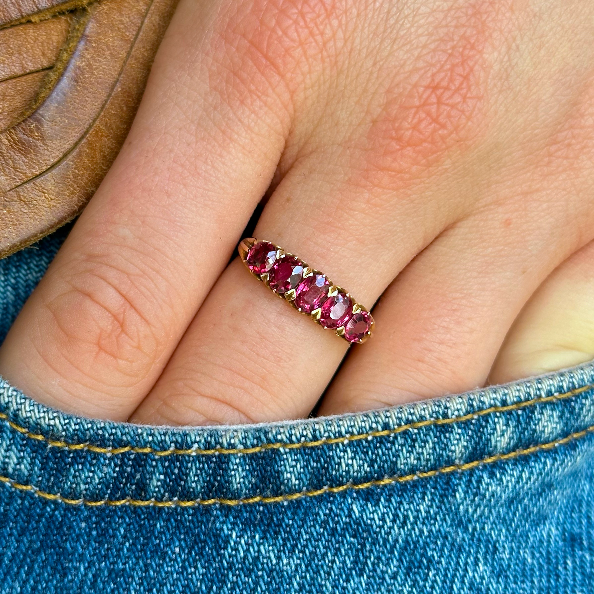 Antique, Edwardian Five Stone Ruby Ring, Yellow Gold