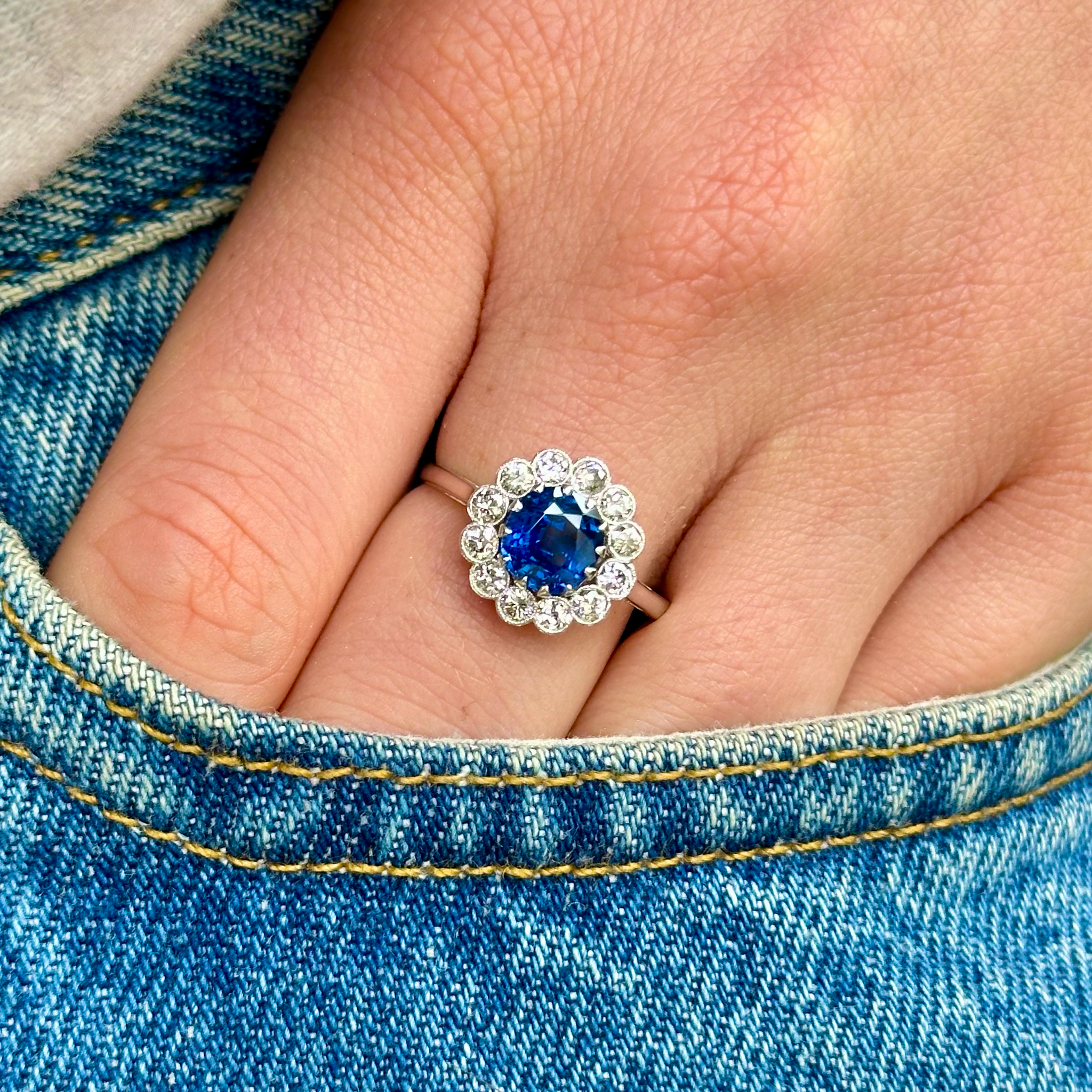 Antique, Edwardian Sapphire and Diamond Daisy Cluster Engagement Ring