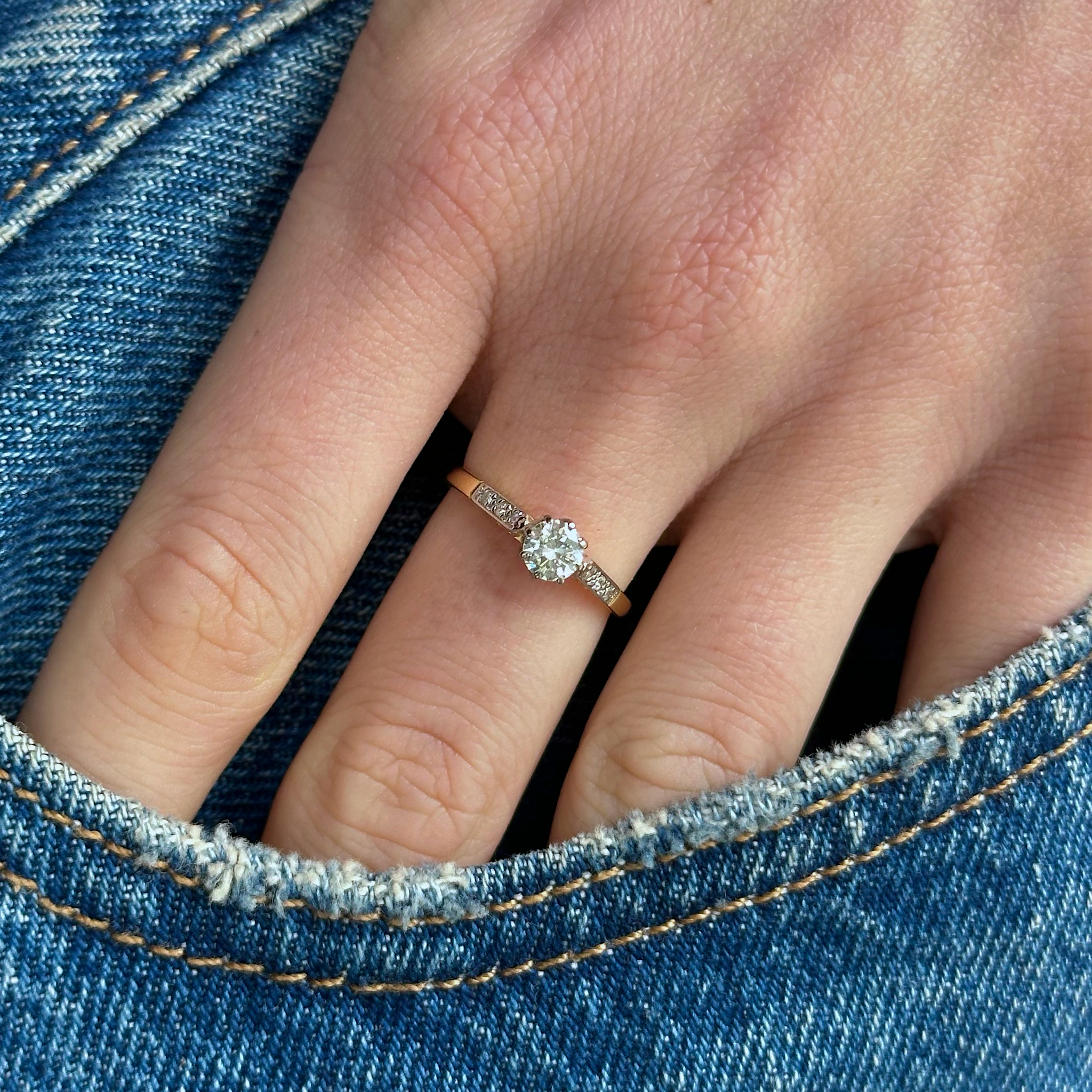 Antique, Edwardian Solitaire Diamond Engagement Ring, 18ct Yellow Gold and Platinum worn on hand