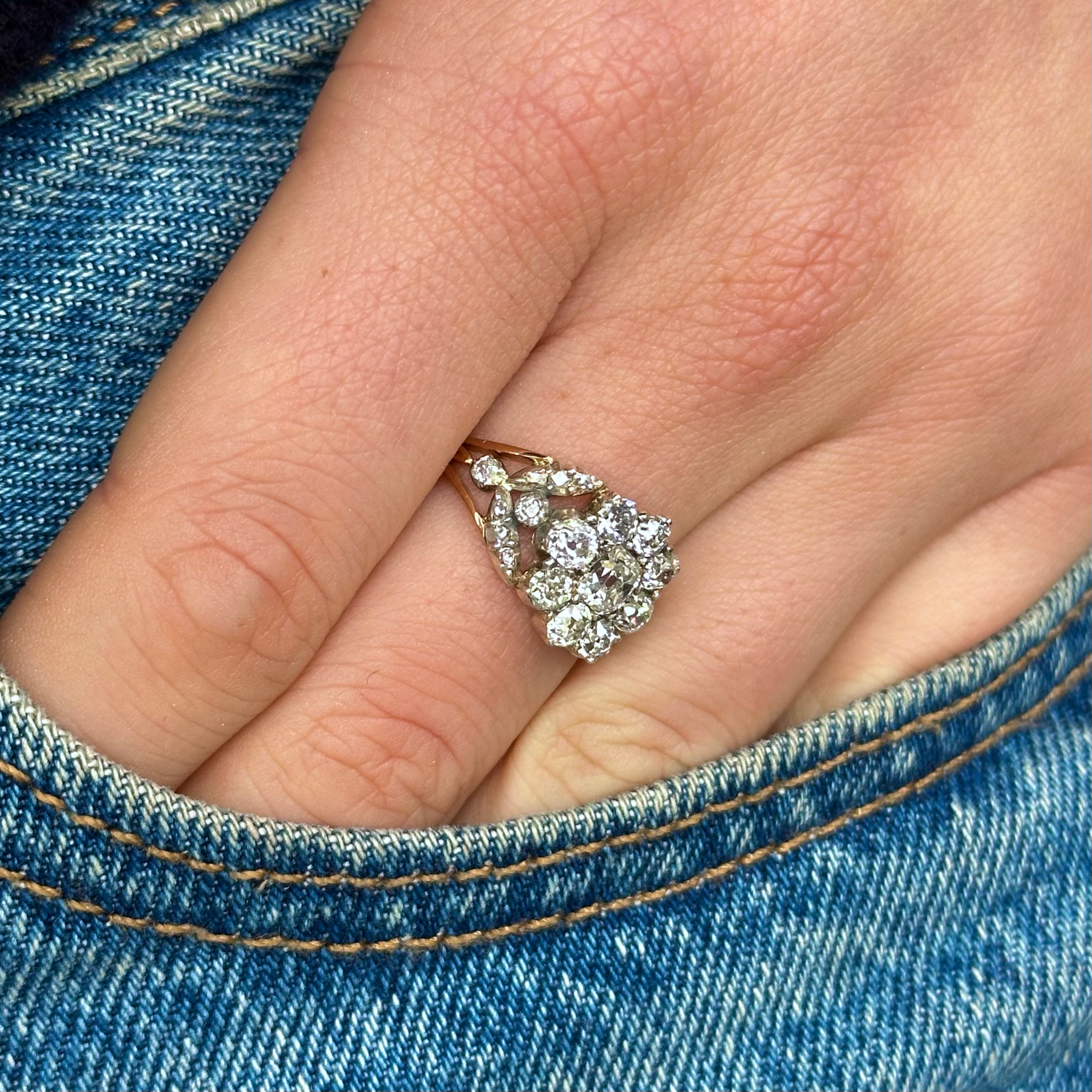 Antique, Georgian Diamond Cluster Ring, 18ct Yellow Gold worn on hand in pocket of jeans.