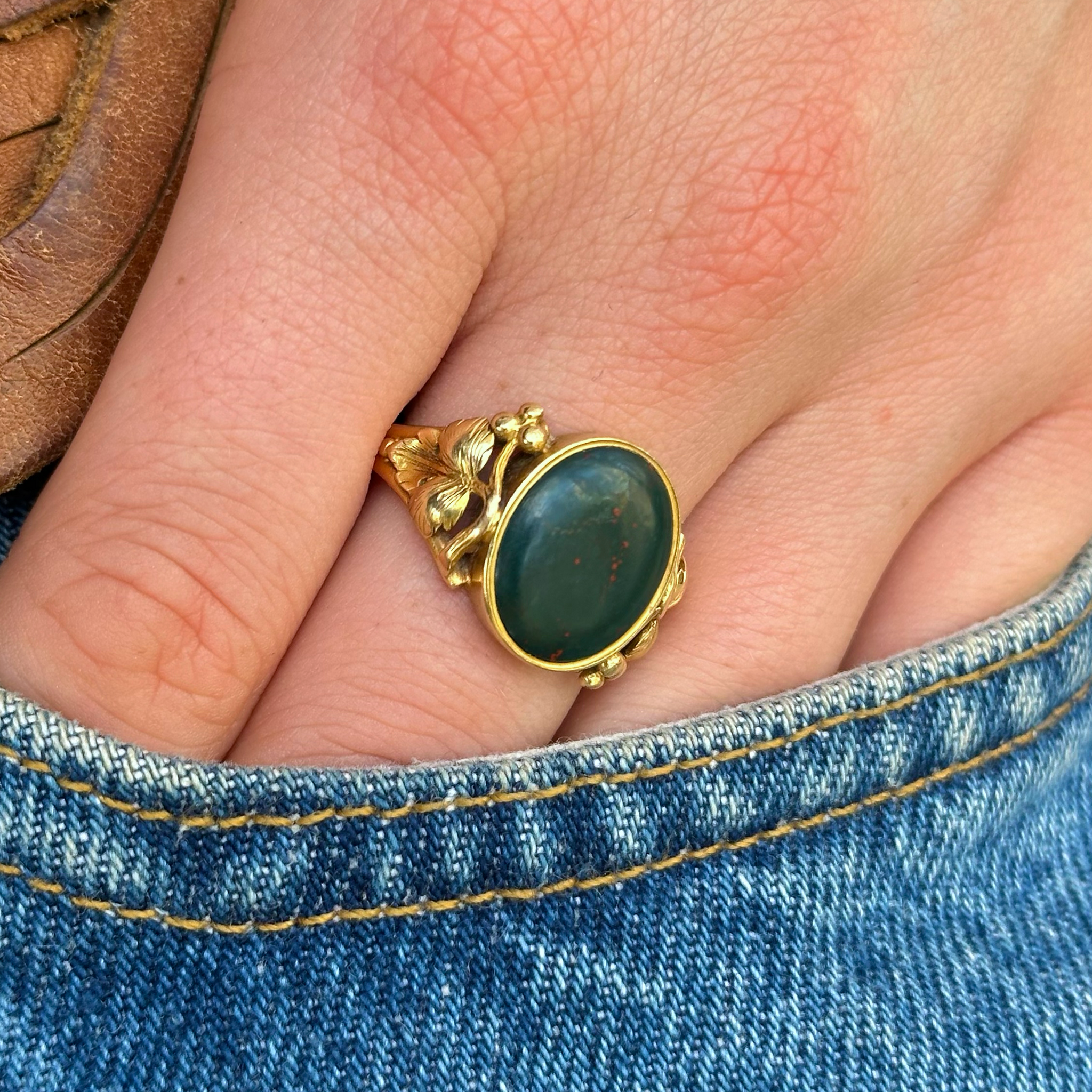 Antique, Victorian Bloodstone Signet Ring, 18ct Yellow Gold worn on hand in pocket of jeans