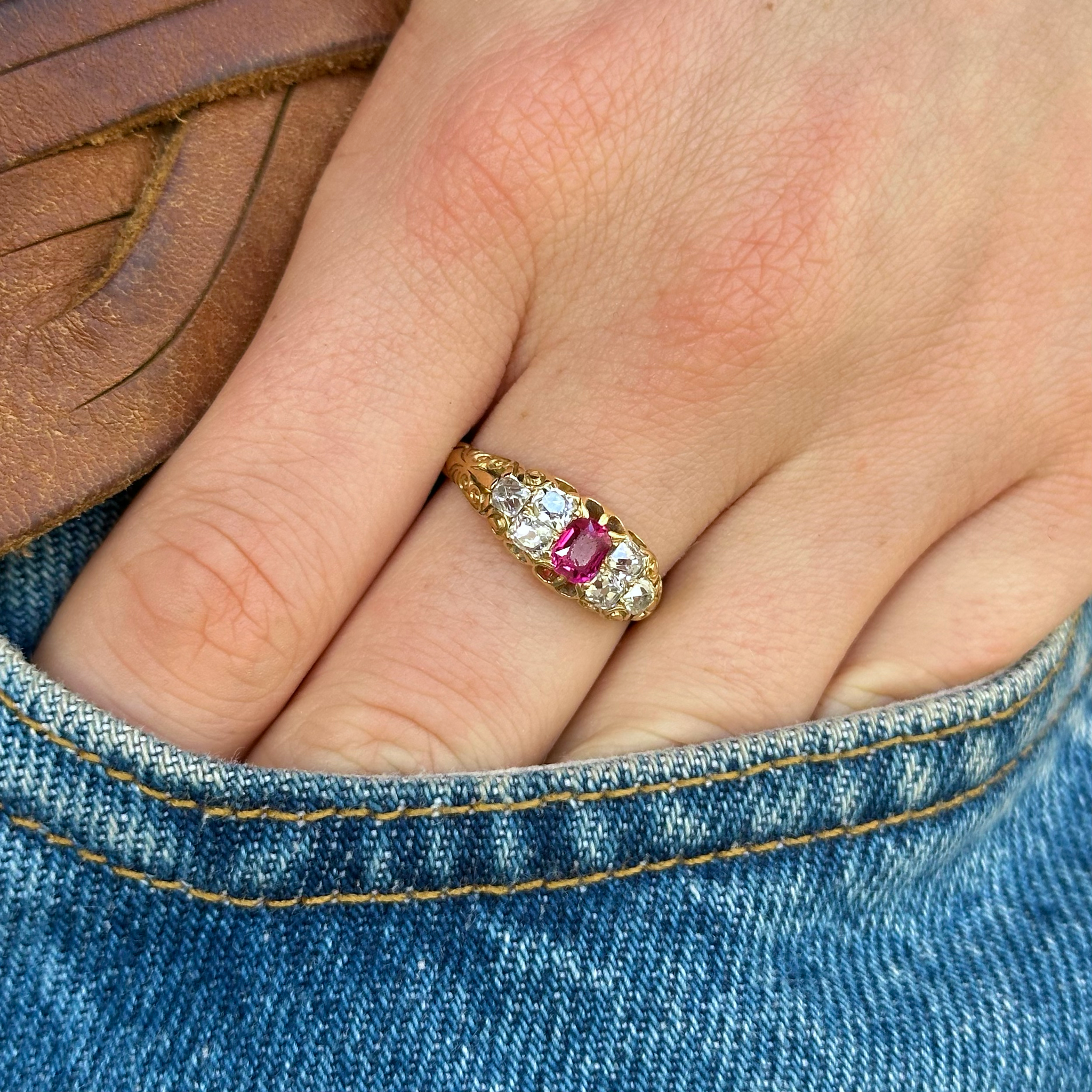 Antique, Victorian Burmese Ruby and Diamond Engagement Ring, 18ct Yellow Gold worn on hand in pocket of jeans