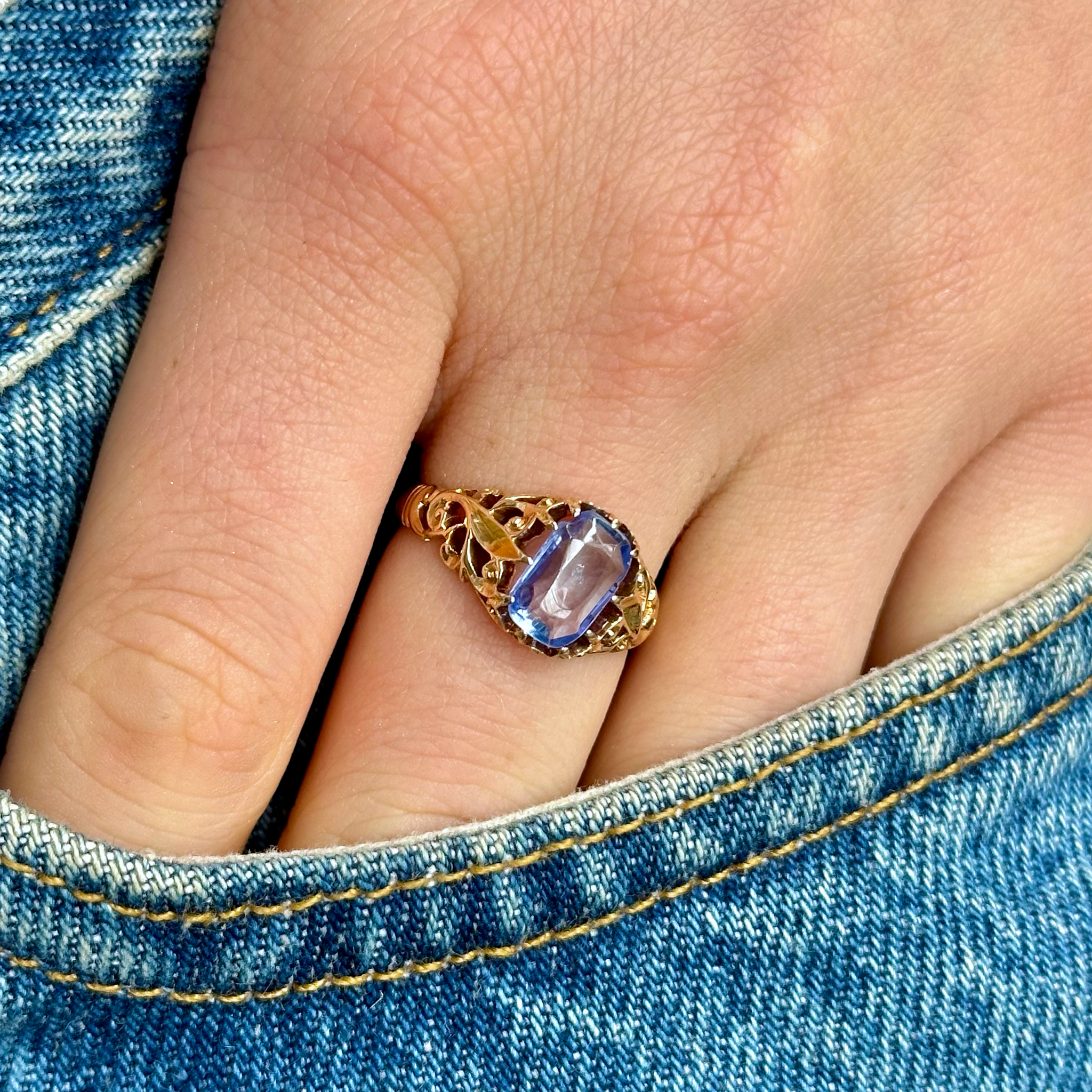 Antique, Victorian Ceylon Sapphire Ring, 18ct Yellow Gold worn on hand in pocket of jeans