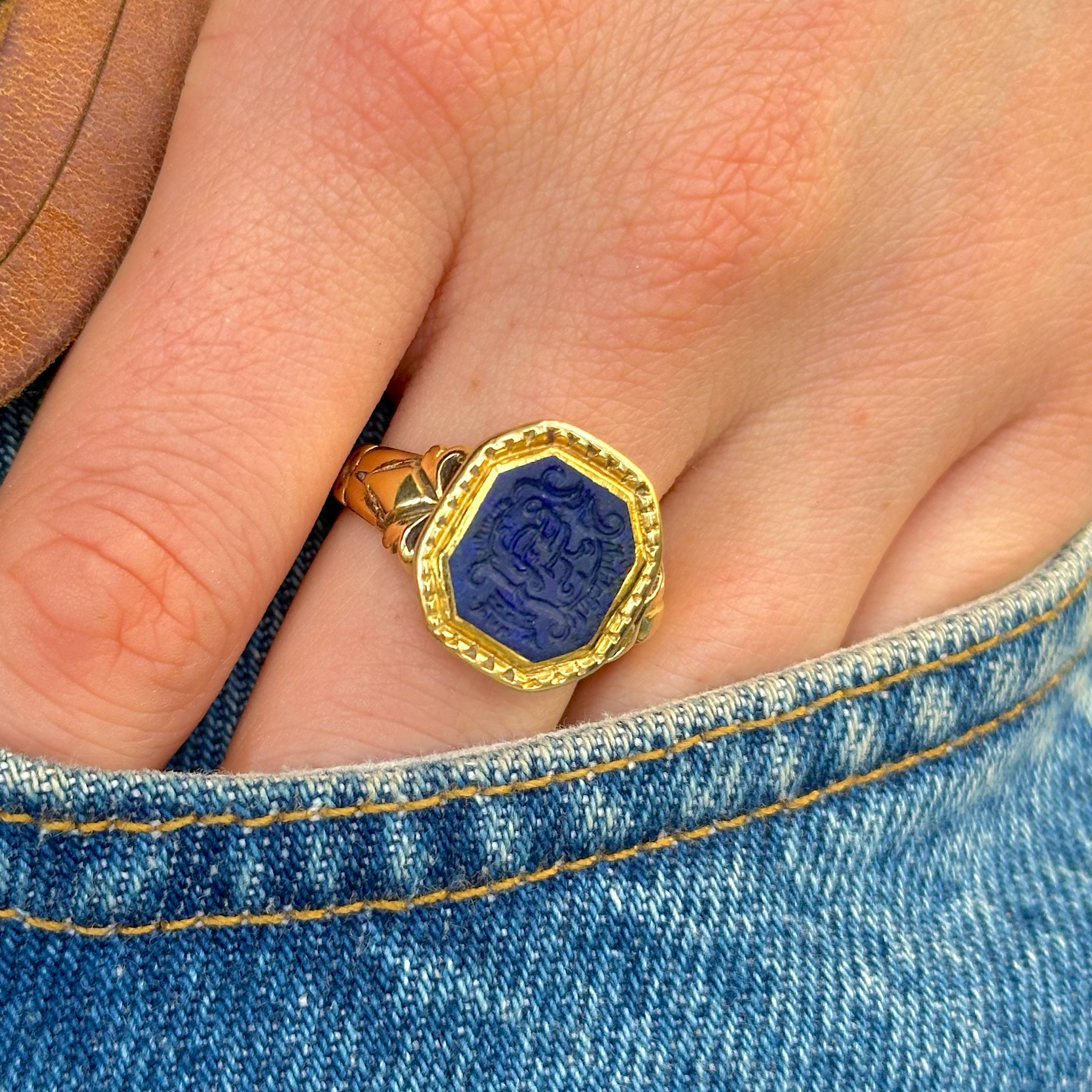 Antique, Victorian Lapis Intaglio Ring, 18ct Yellow Gold worn on hand in denim jeans