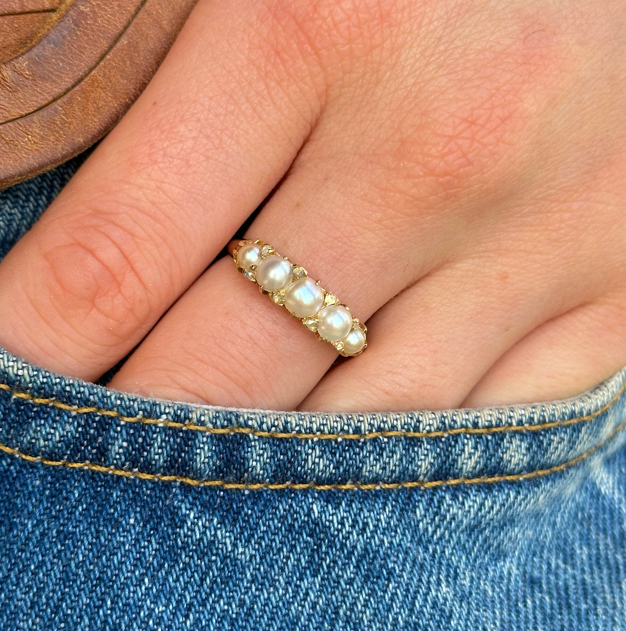 Antique, Victorian Pearl and Diamond Half Hoop Ring, 18ct Yellow Gold worn on hand in pocket of jeans