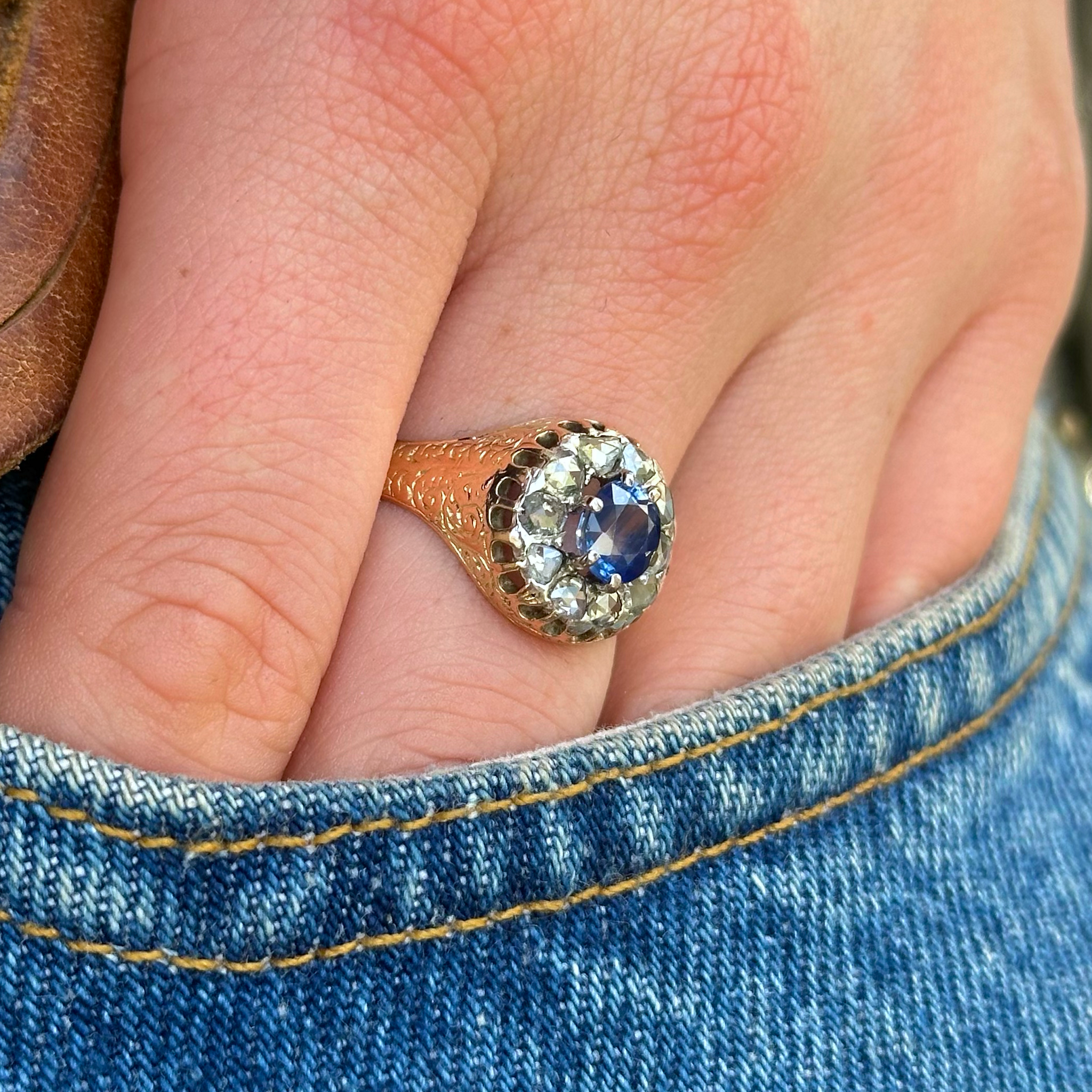 Antique, Victorian Sapphire and Diamond Daisy Cluster Ring, 18ct Yellow Gold worn on hand in pocket of jeans