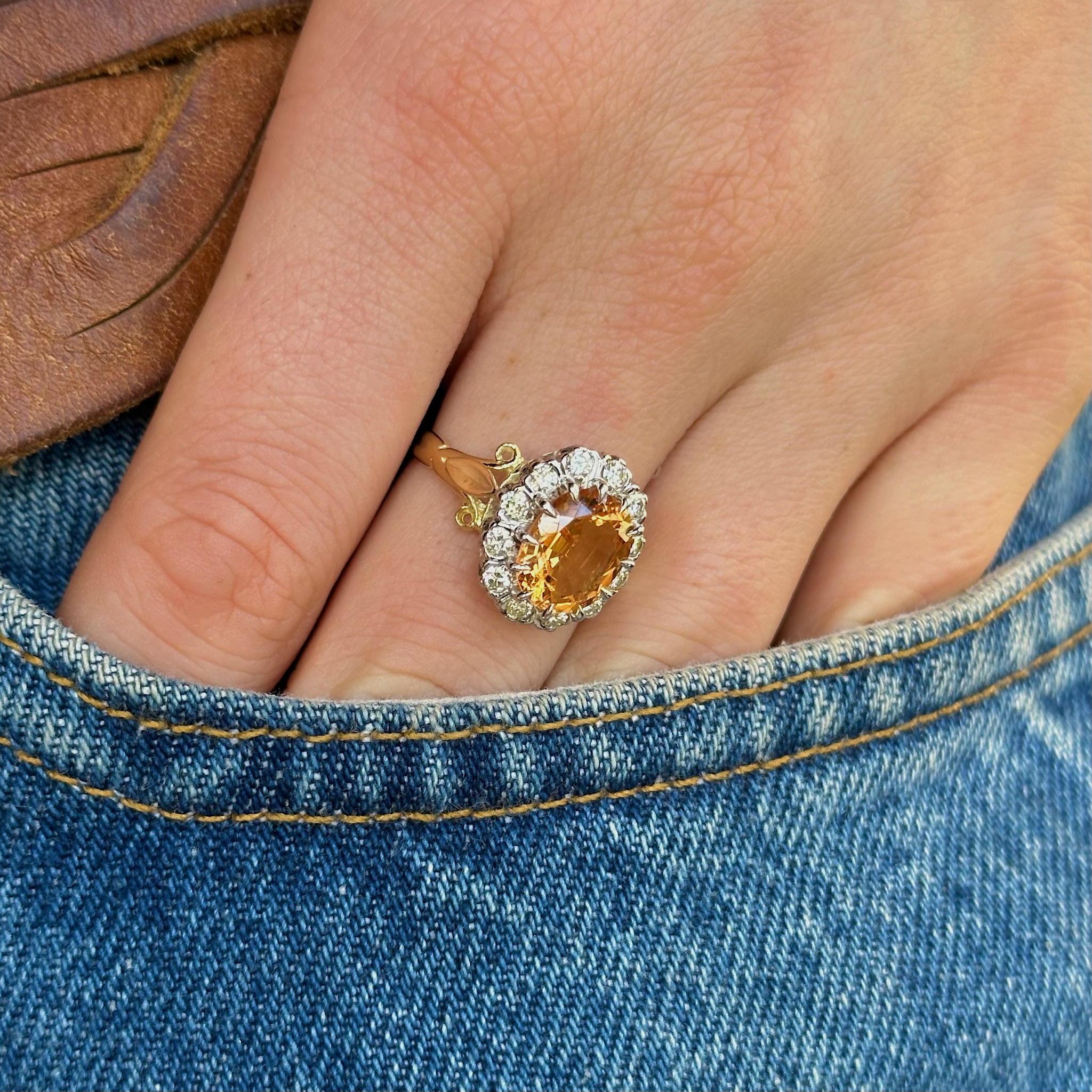 Antique, Victorian Topaz and Diamond Cluster Ring, 18ct Yellow Gold worn on hand in pocket of jeans