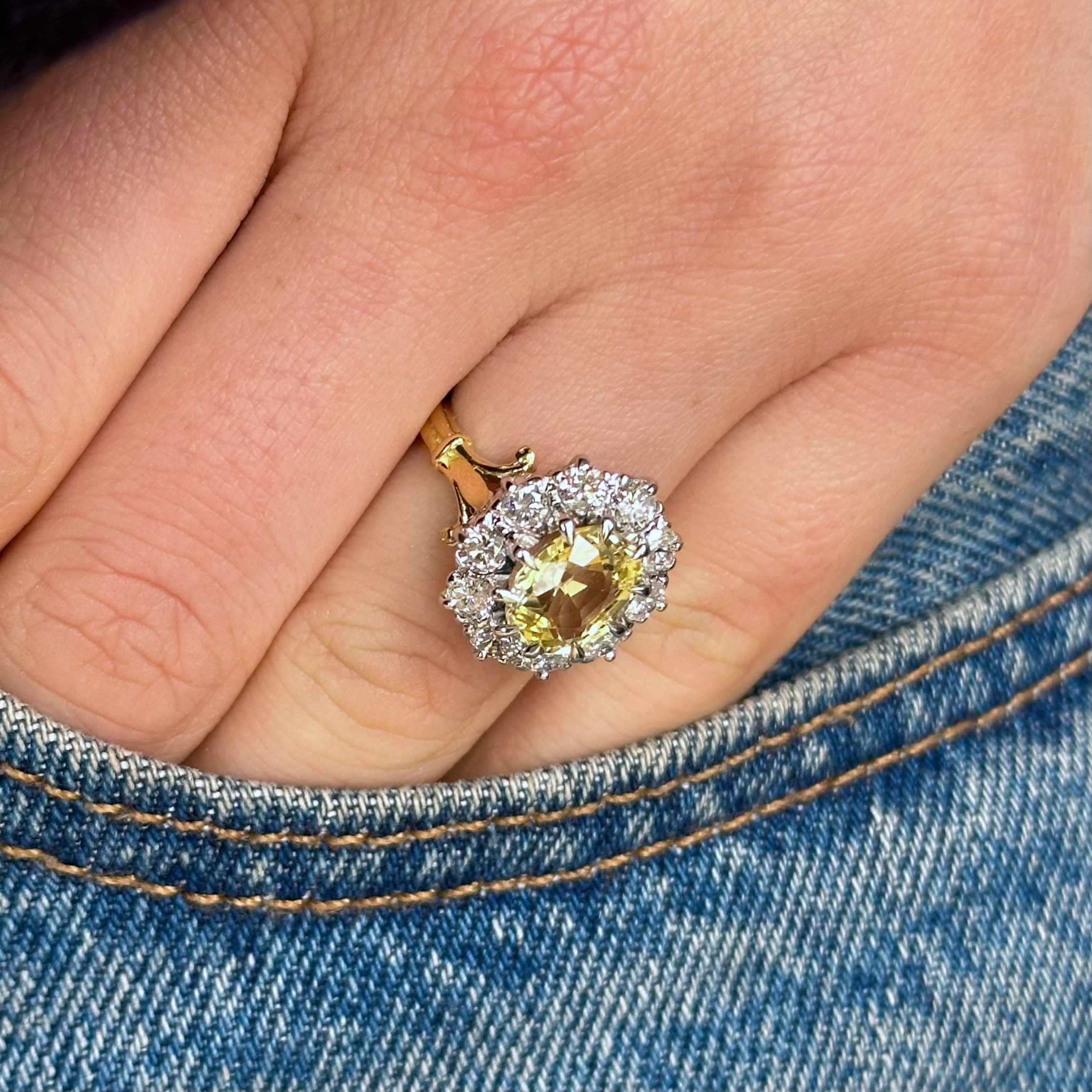 Antique, Victorian Yellow Sapphire and Diamond Ring, worn on hand in pocket of jeans.