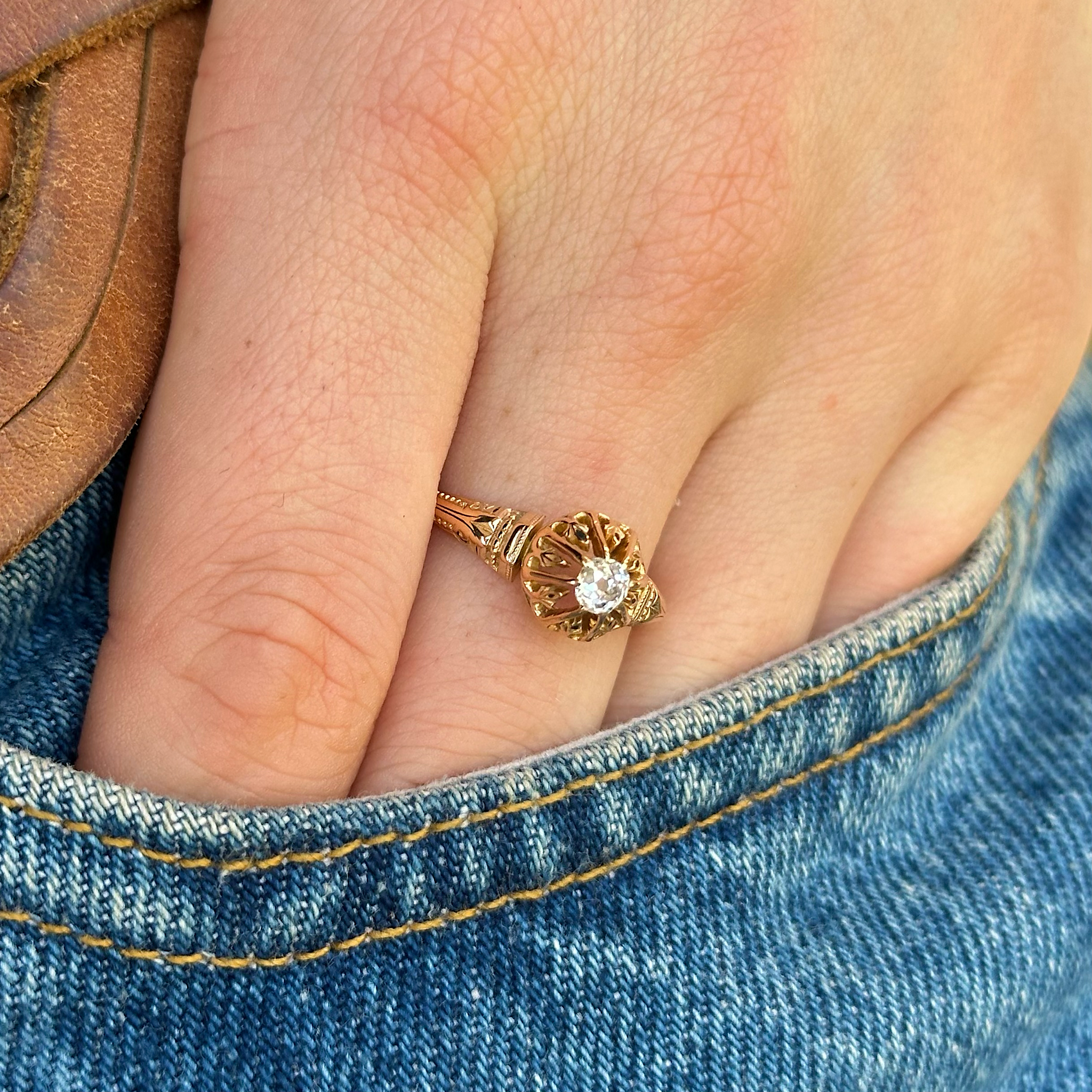 Antique, Victorian, Solitaire Diamond Engagement Ring, 18ct Yellow Gold worn on hand in pocket of jeans