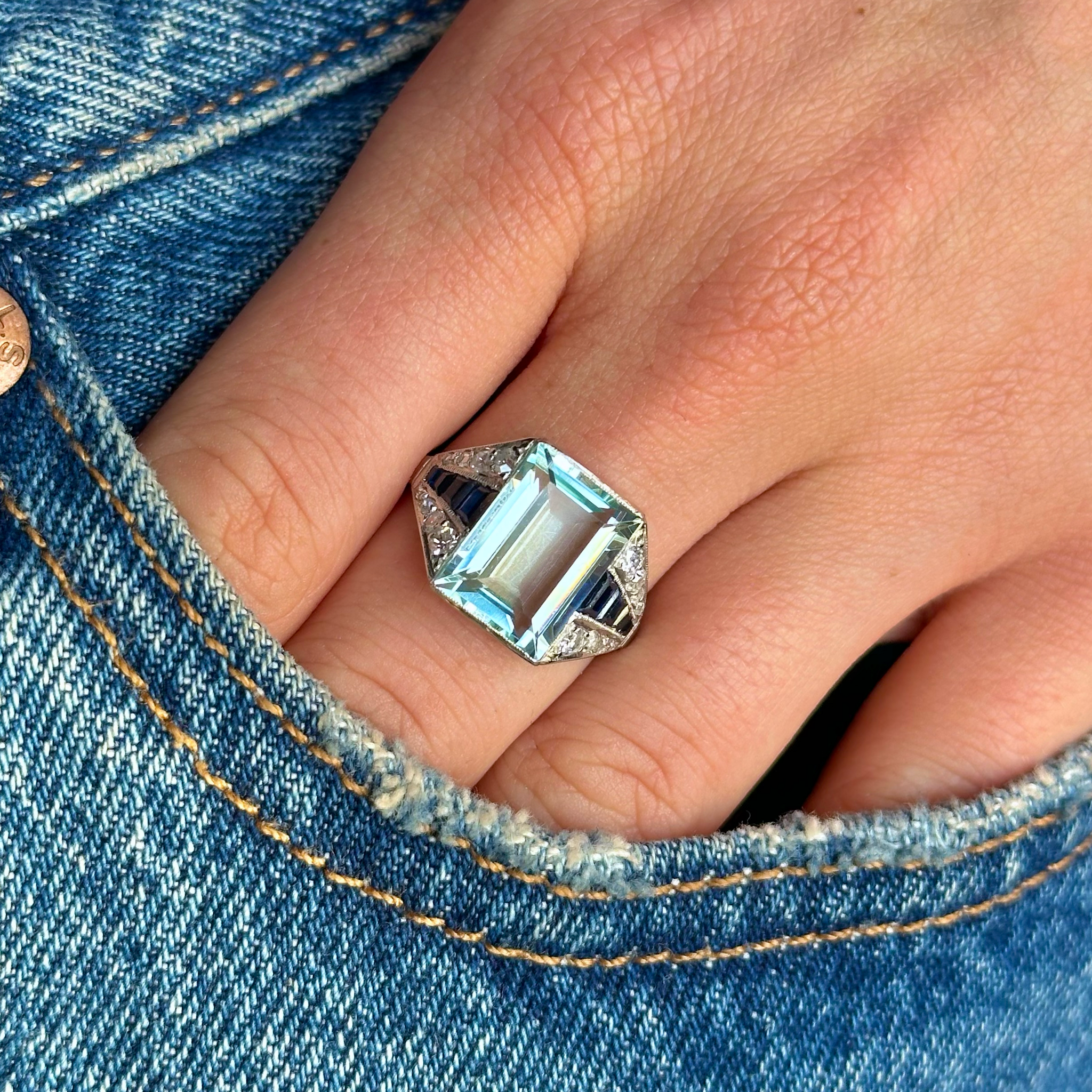 Vintage art deco sapphire, aquamarine and diamond ring