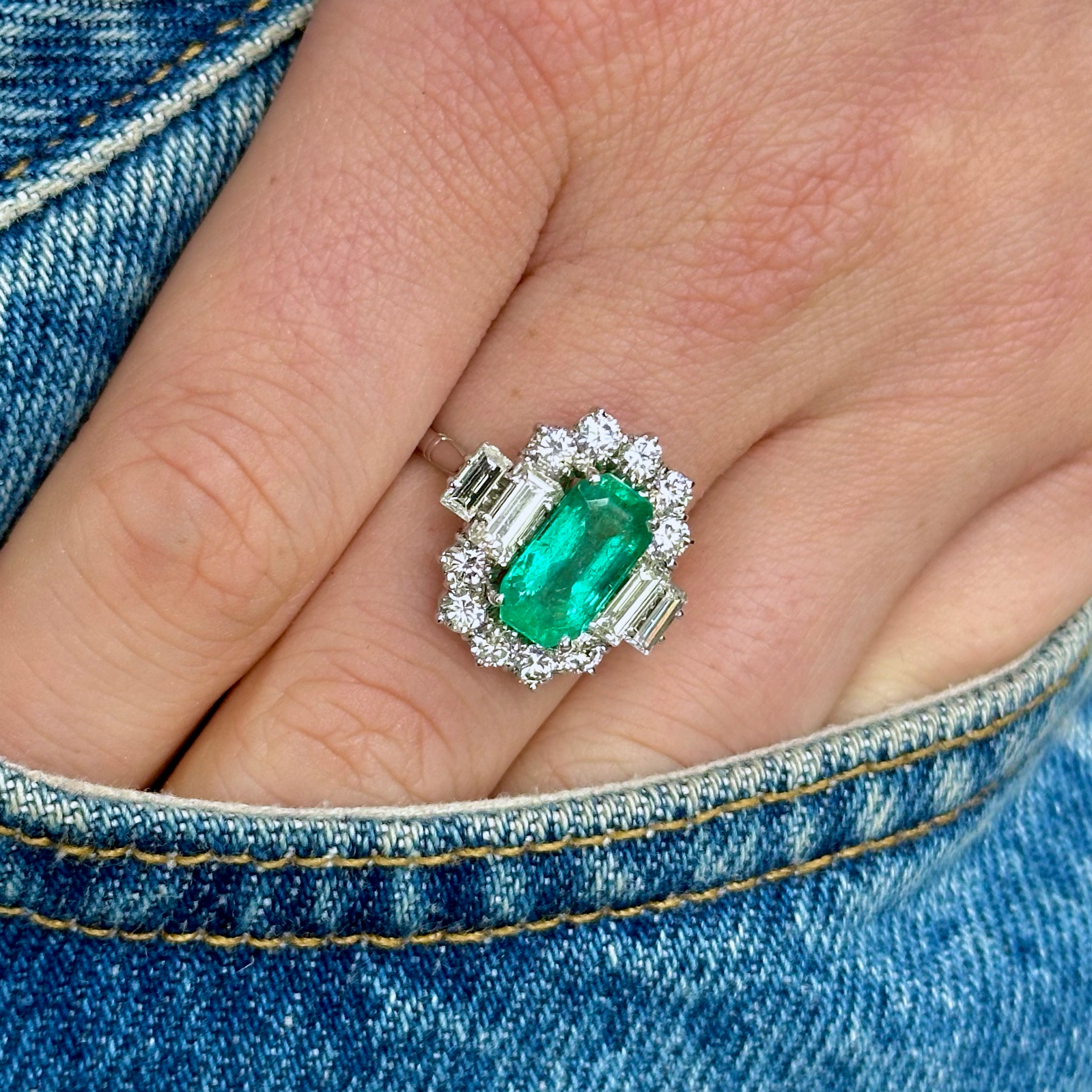 Vintage Emerald and Diamond Cluster Ring, 18ct White Gold