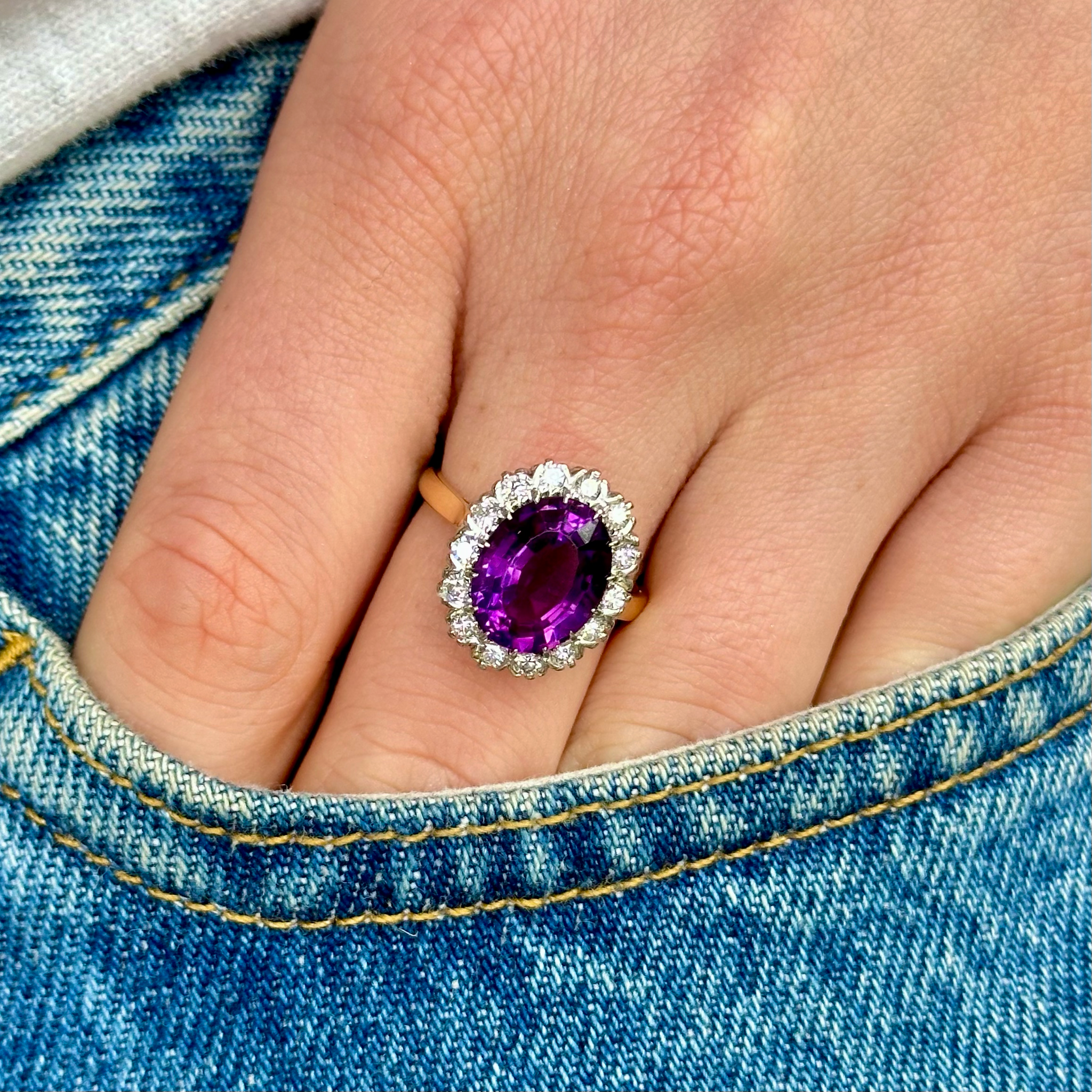 Vintage, 1930s Amethyst and Diamond Cluster Ring, 18ct Yellow Gold & Platinum