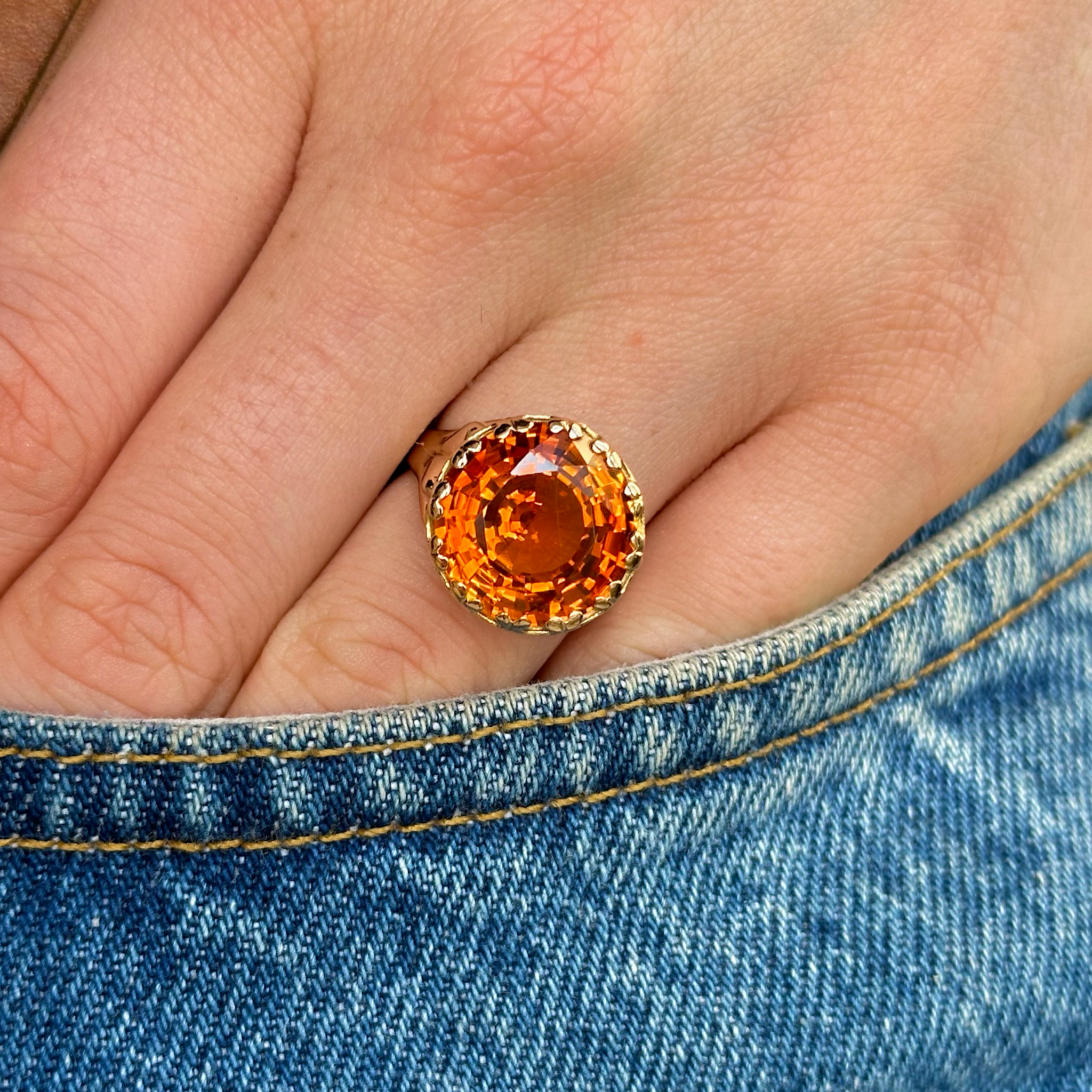 Vintage, 1980s Citrine Cocktail Ring, 18ct Yellow Gold worn on hand in pocket of jeans