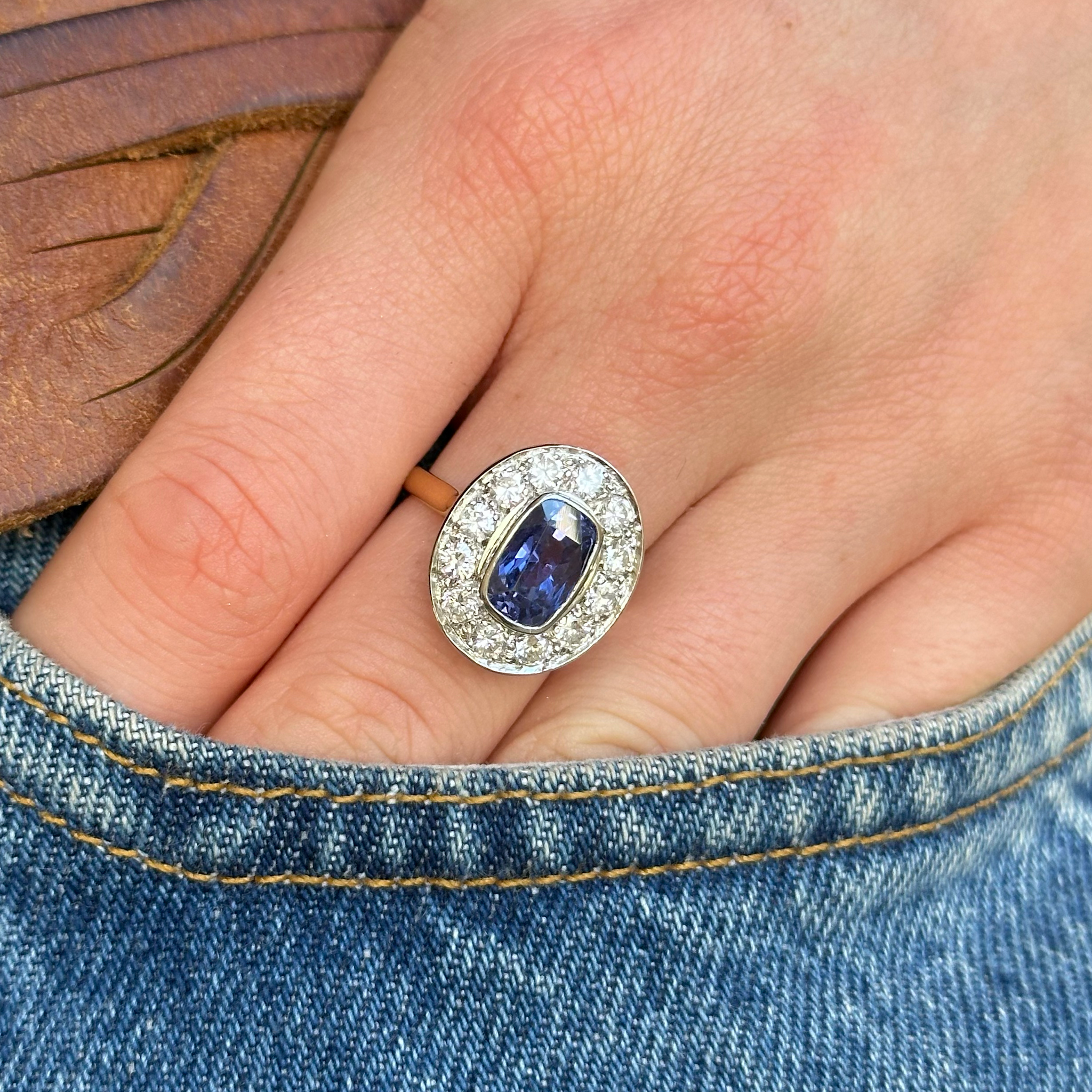 Vintage, 1980s Sapphire & Diamond Ring, 18ct Yellow Gold & Platinum worn on hand in pocket of jeans