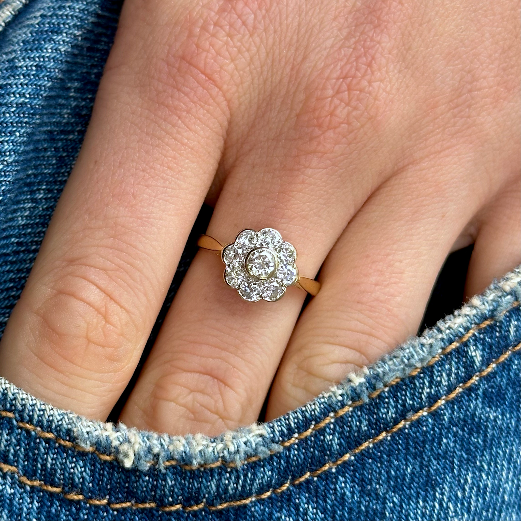 Vintage, 1980s Vintage Diamond Cluster Engagement, 18ct Yellow Gold worn on hand in pocket of jeans