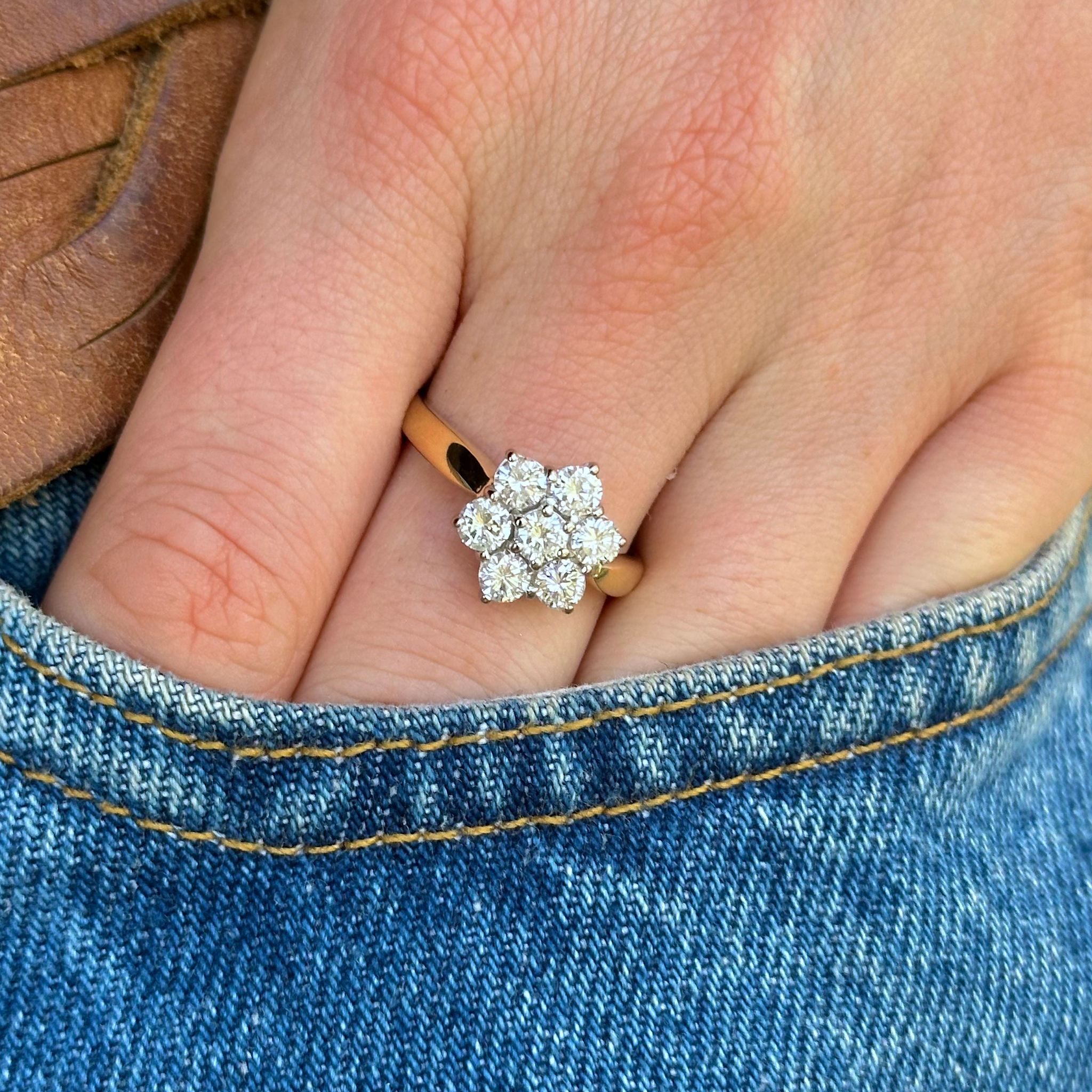 Vintage, 1990s Diamond Cluster Engagement Ring, 18ct Yellow and White Gold worn on hand in pocket of jeans