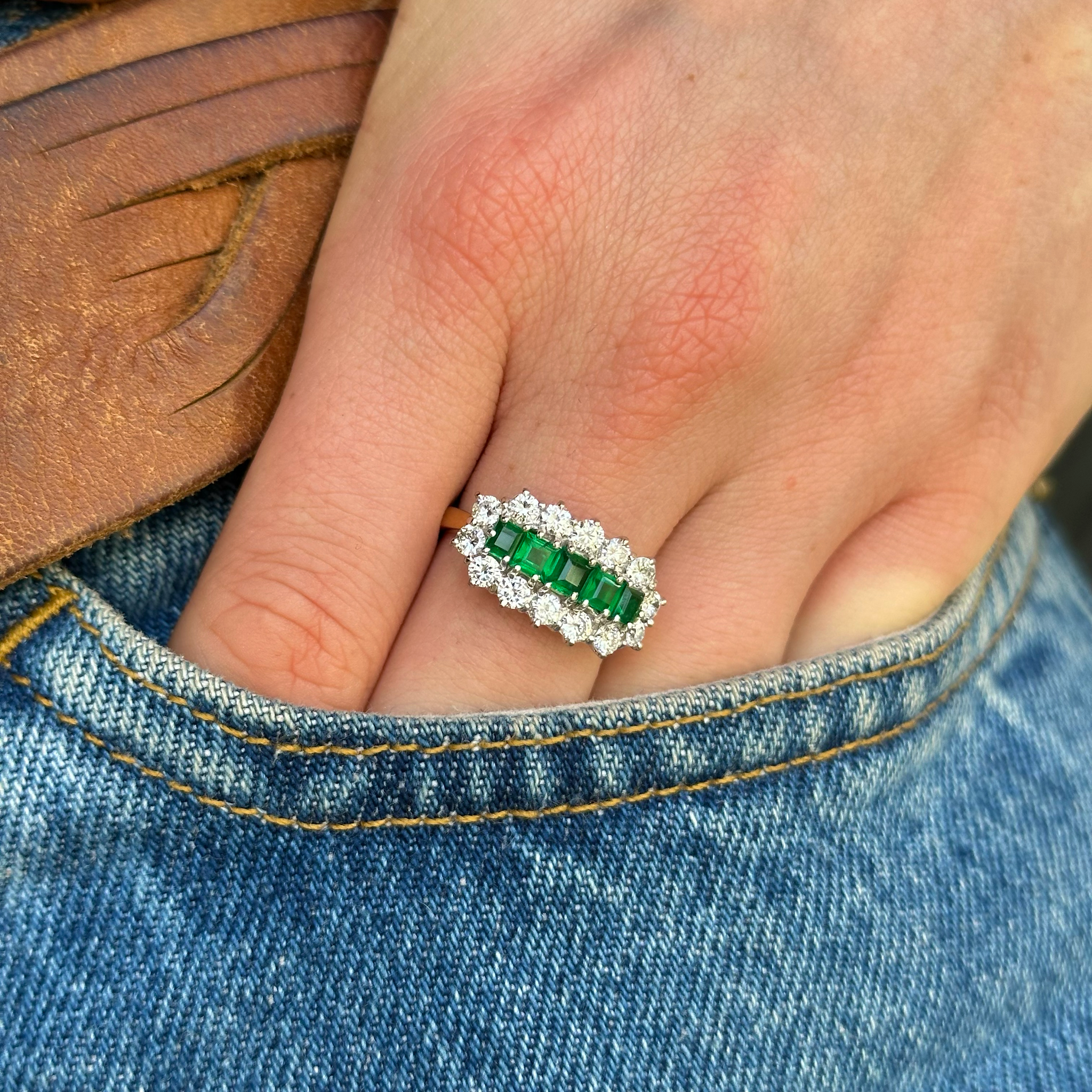 Vintage, 1990s Emerald and Diamond Cluster Ring, 18ct Yellow Gold