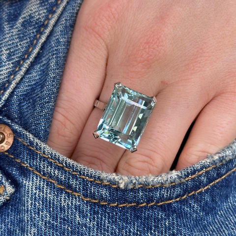 Vintage, 20ct Aquamarine Cocktail Ring, Platinum worn on hand in pocket of jeans