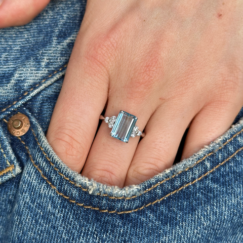 Vintage, Aquamarine and Diamond Ring, 18ct White Gold worn on hand in pocket of jeans