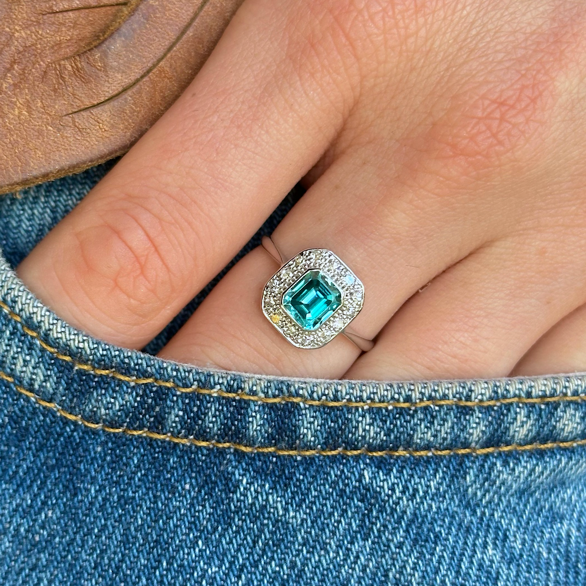 Vintage, Art Deco Natural Zircon and Diamond Cluster Ring, White Gold worn on hand in pocket of jeans