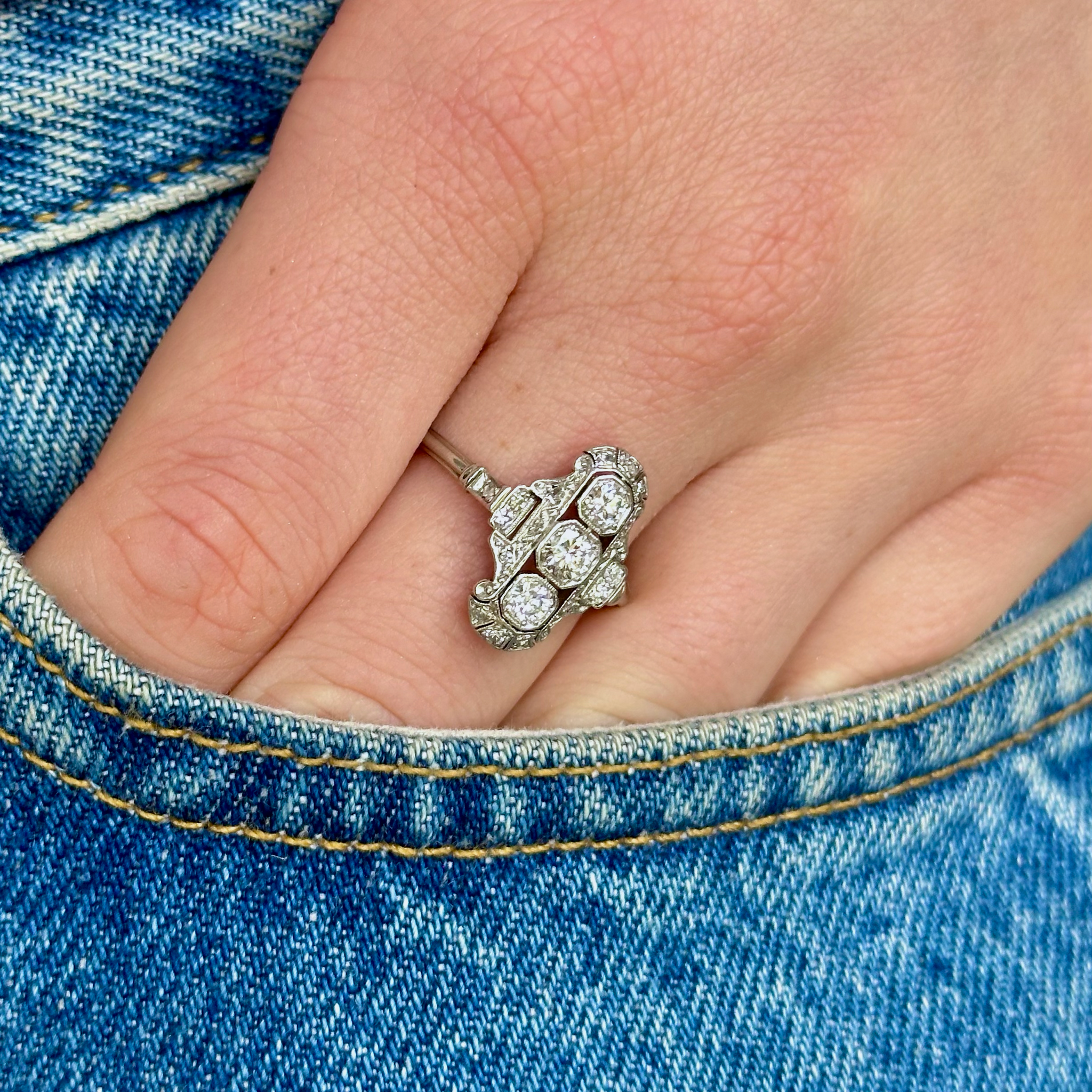 Vintage, Art Deco Three Stone Diamond Panel Ring, 18ct White Gold