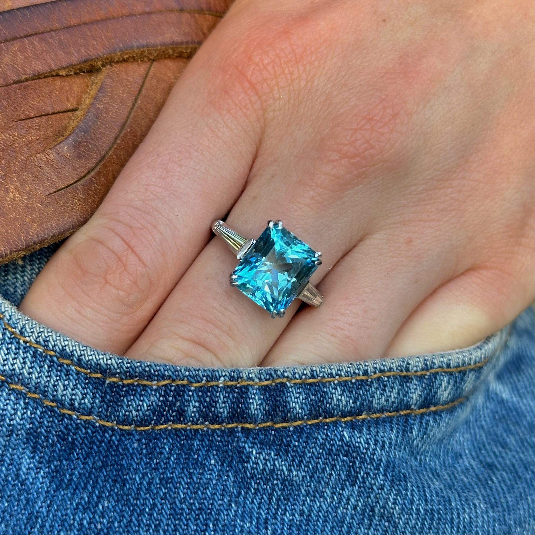 Vintage, Art Deco Topaz and Diamond Ring, Platinum worn on hand and placed in pocket of jeans