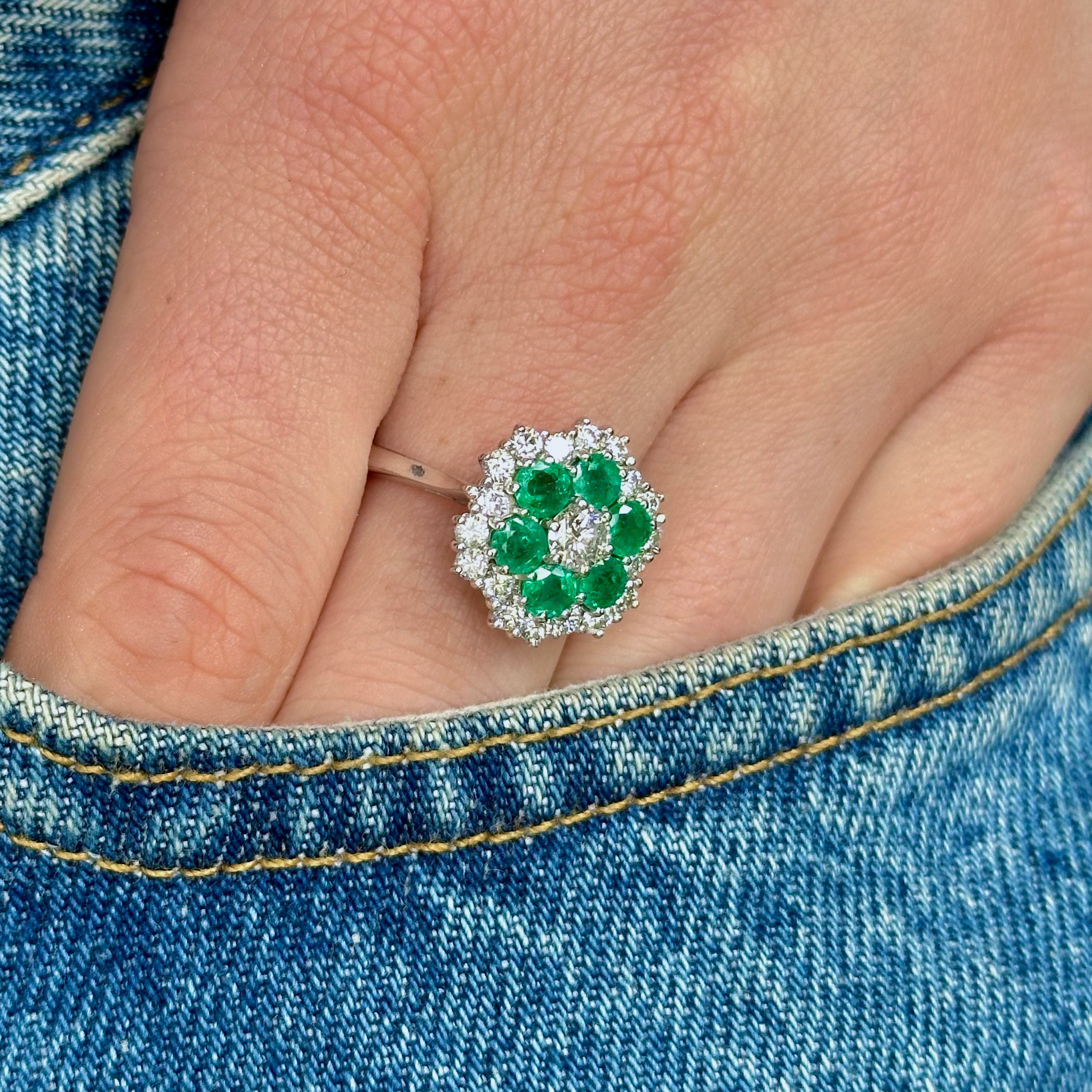 Vintage, Emerald and Diamond Cluster Ring, 18ct White Gold