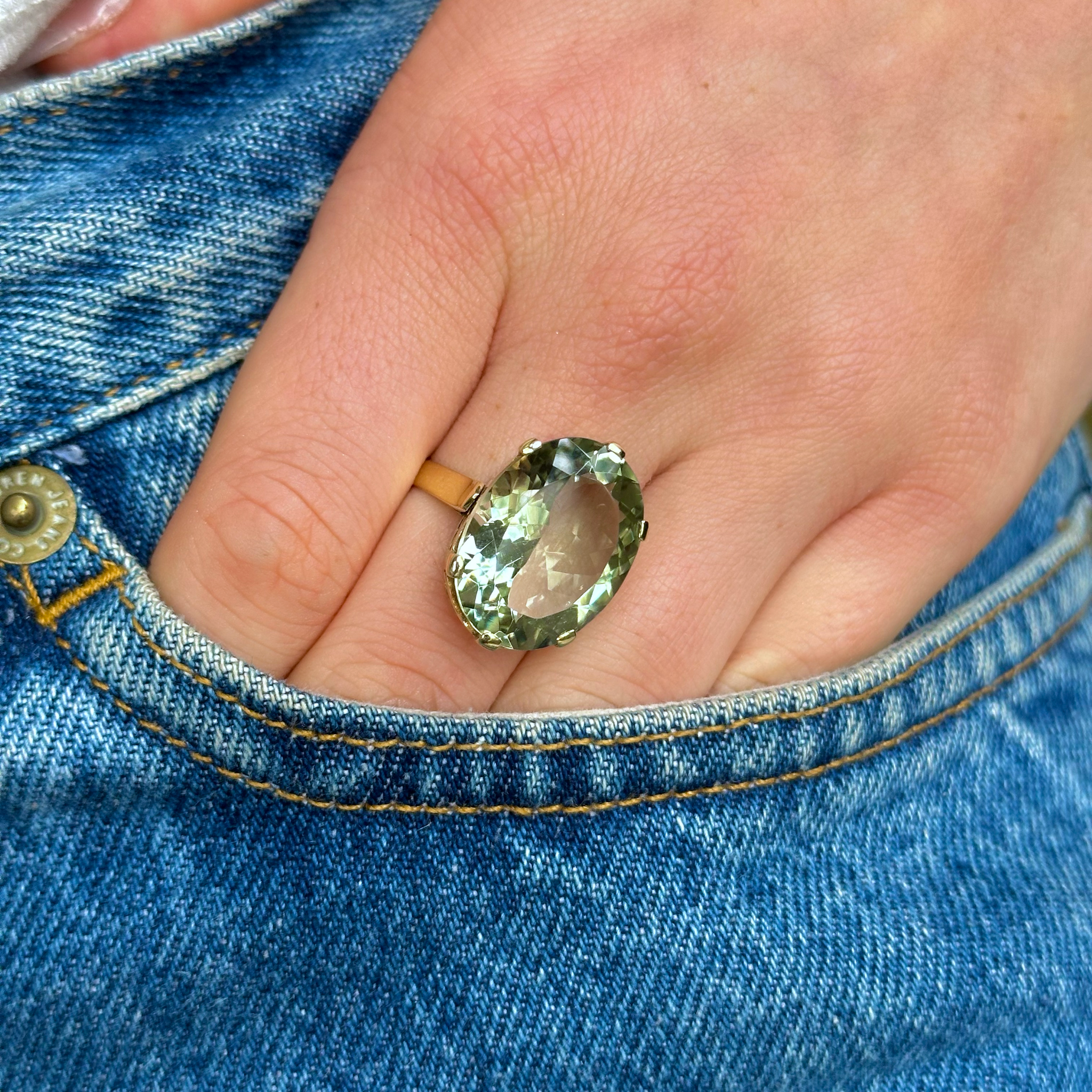 Vintage, Mint Quartz Cocktail Ring, worn on hand in pocket of jeans