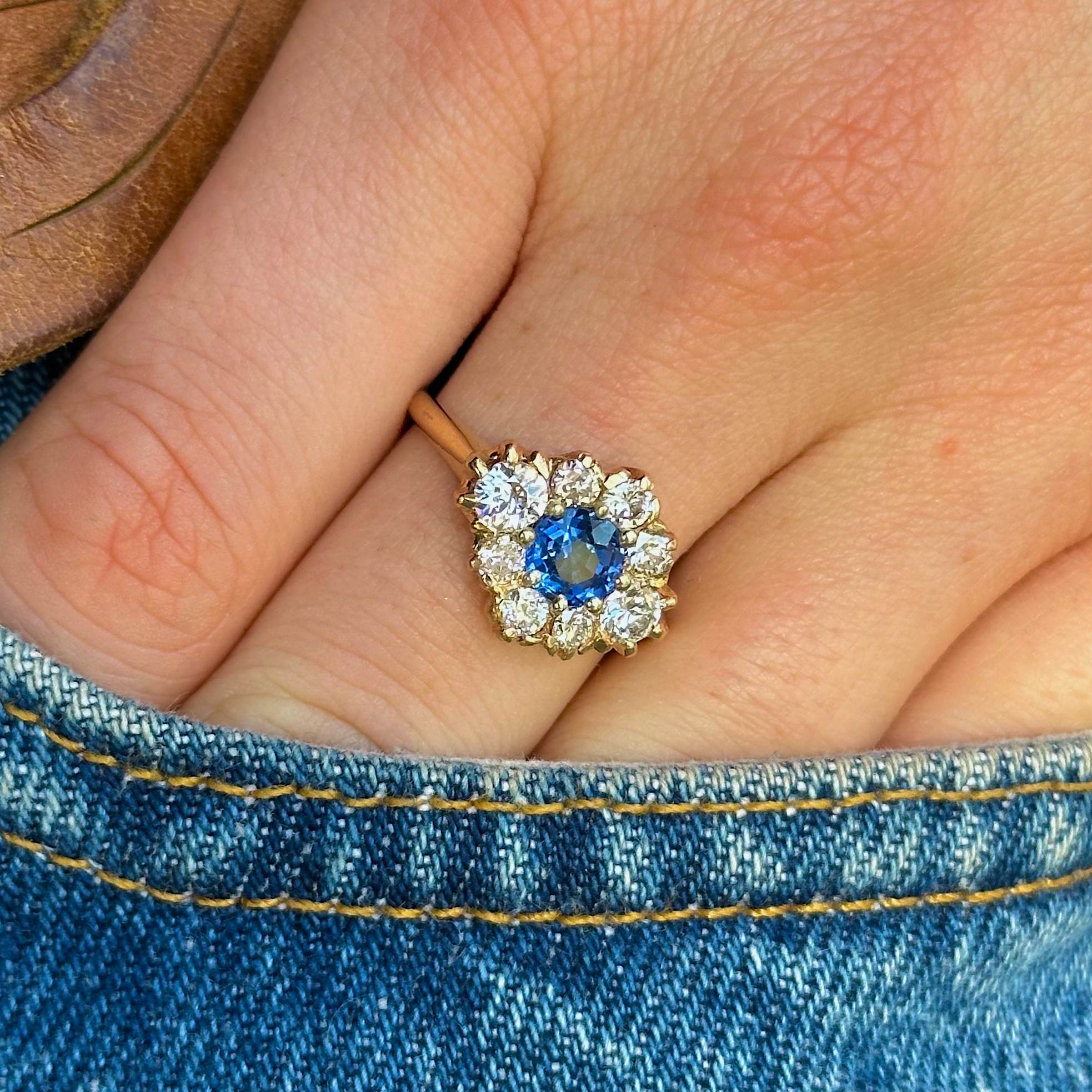 Vintage, Sapphire and Diamond Cluster Engagement Ring, 14ct Yellow Gold worn on hand in pocket of jeans
