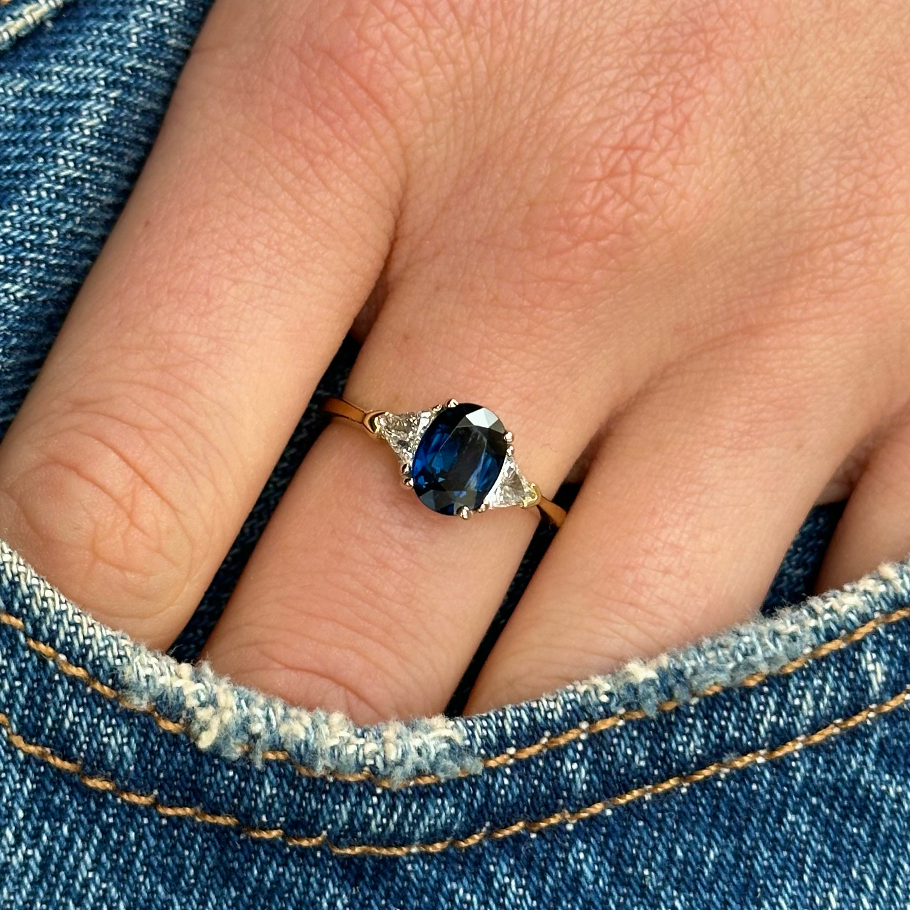 Vintage, Sapphire and Diamond Three-Stone Engagement Ring, 18ct Yellow and White Gold worn on hand