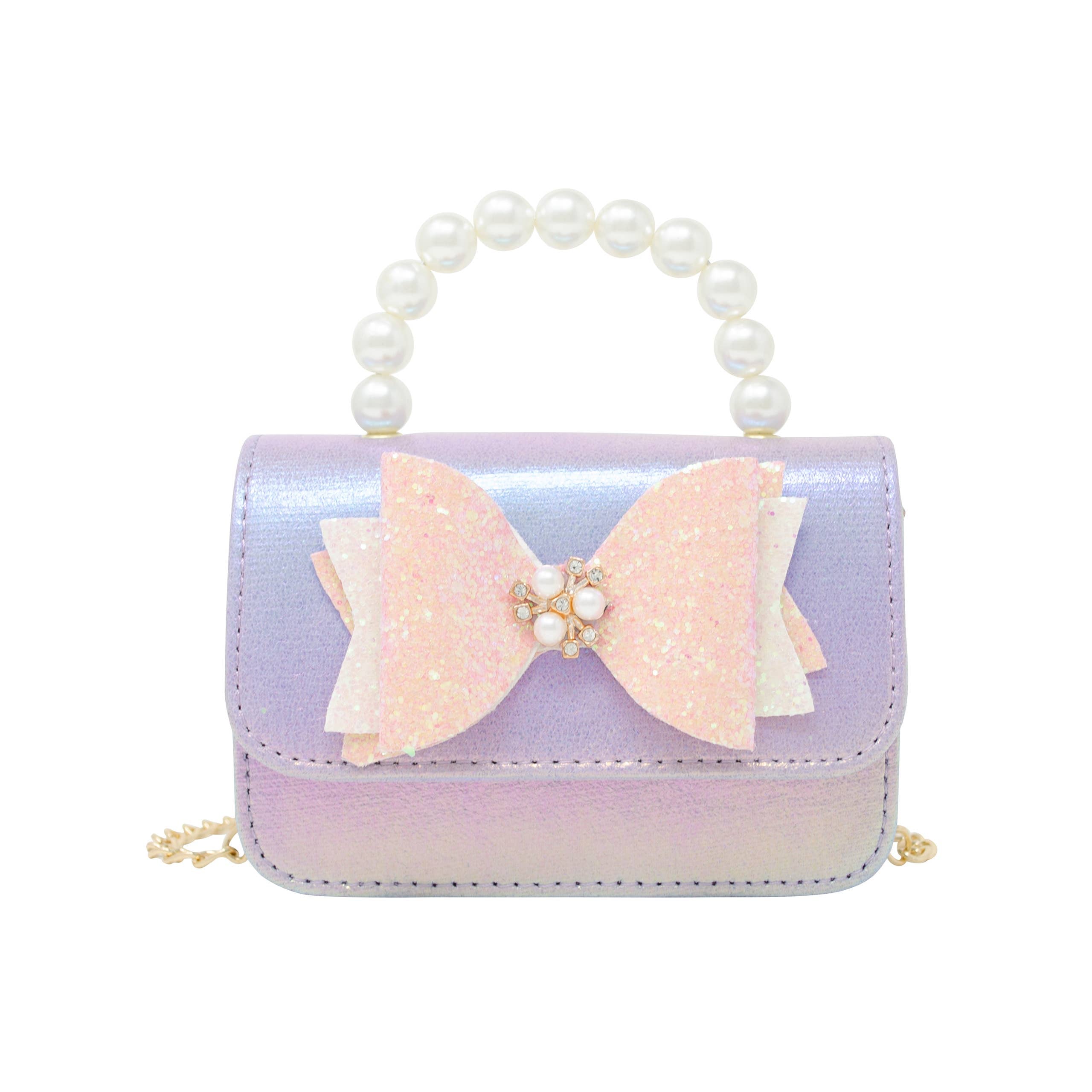 GLITTER BOW PEARL HANDLE BAG PURPLE