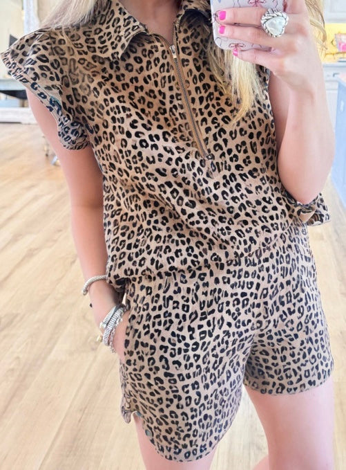 Leopard Half Zipper Collared Ruffled Sleeve Top and Short Set