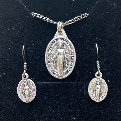 Blue Miraculous Medal Necklace and Dangle Earrings Set – Catholic