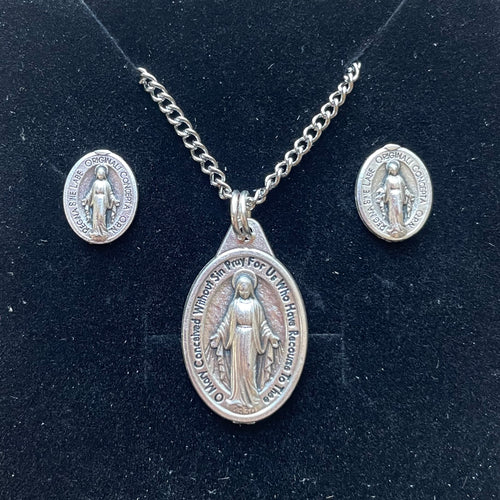 Blue Miraculous Medal Necklace and Dangle Earrings Set – Catholic