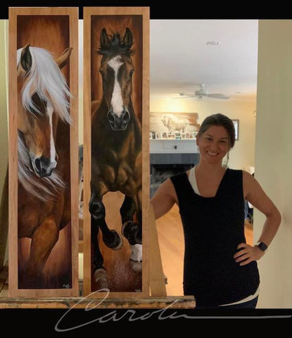 Artist Caroline with two custom painted horse portraits