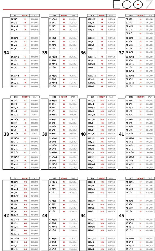 EGO7 Tall Boot Size Chart