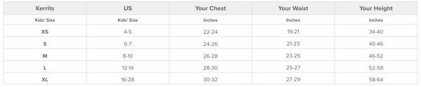 Kerrits kid's size chart