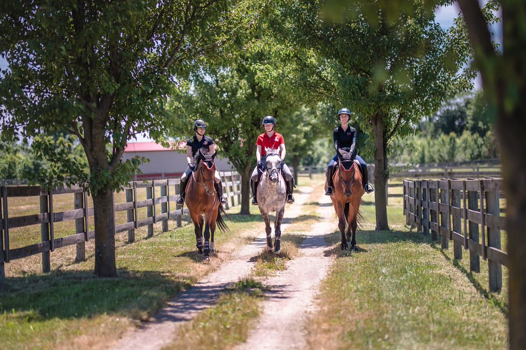 Three students riding horses side-by-side