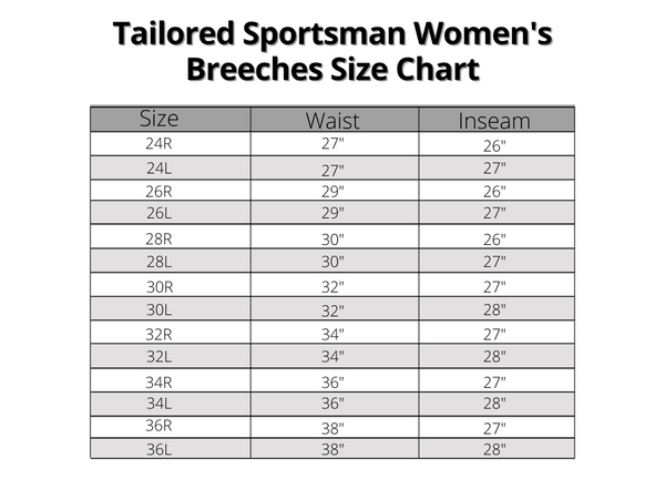 Tailored Sportsman Women’s Breeches Size Chart
