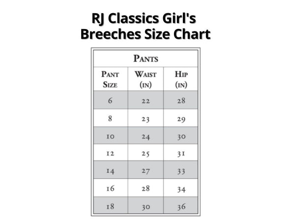 RJ Classics Girl's Breeches Size Chart