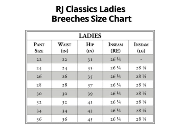RJ Classics Women's Breeches Size Chart