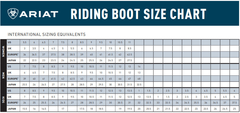Ariat Boot Size Chart Women's
