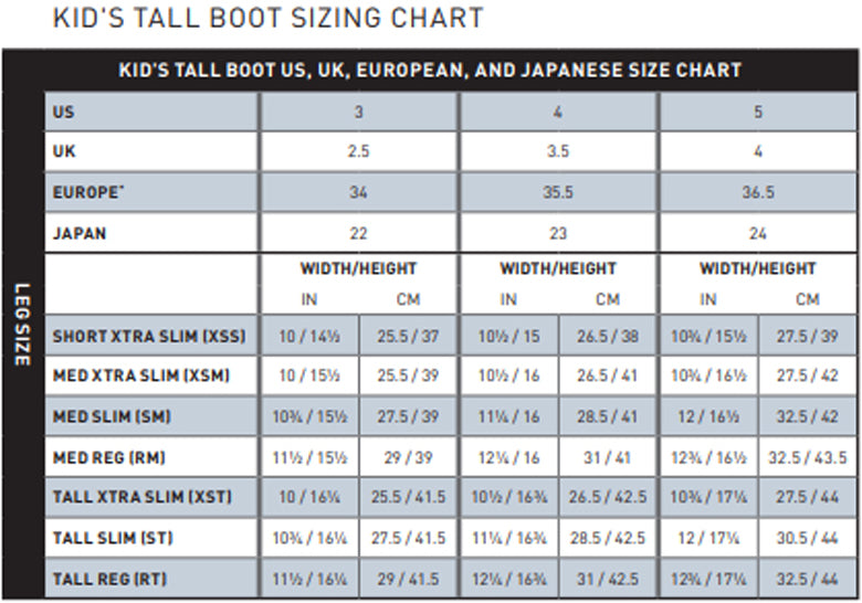 Ariat Kid's Tall Riding Boot Size Chart