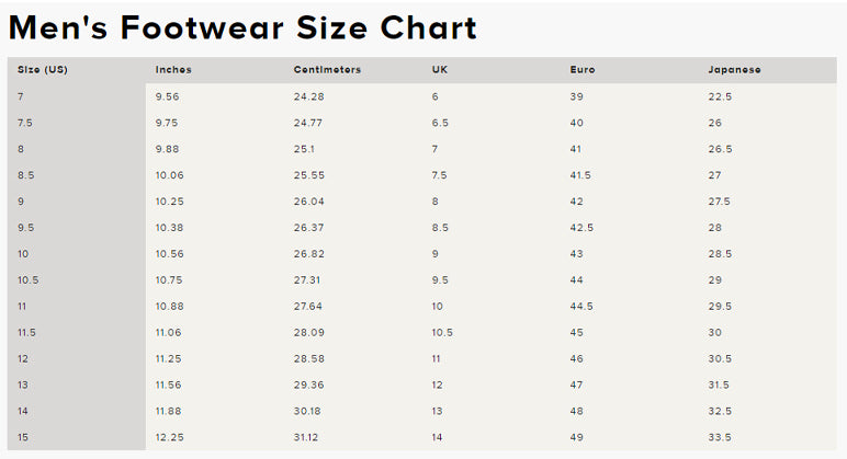 men's foot size chart inches