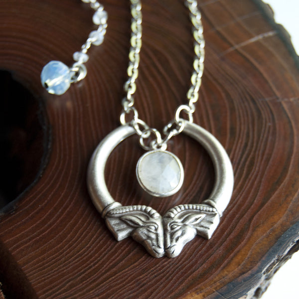 Heimdall Double Ram Head Moonstone Silver Necklace | Red Heart 13