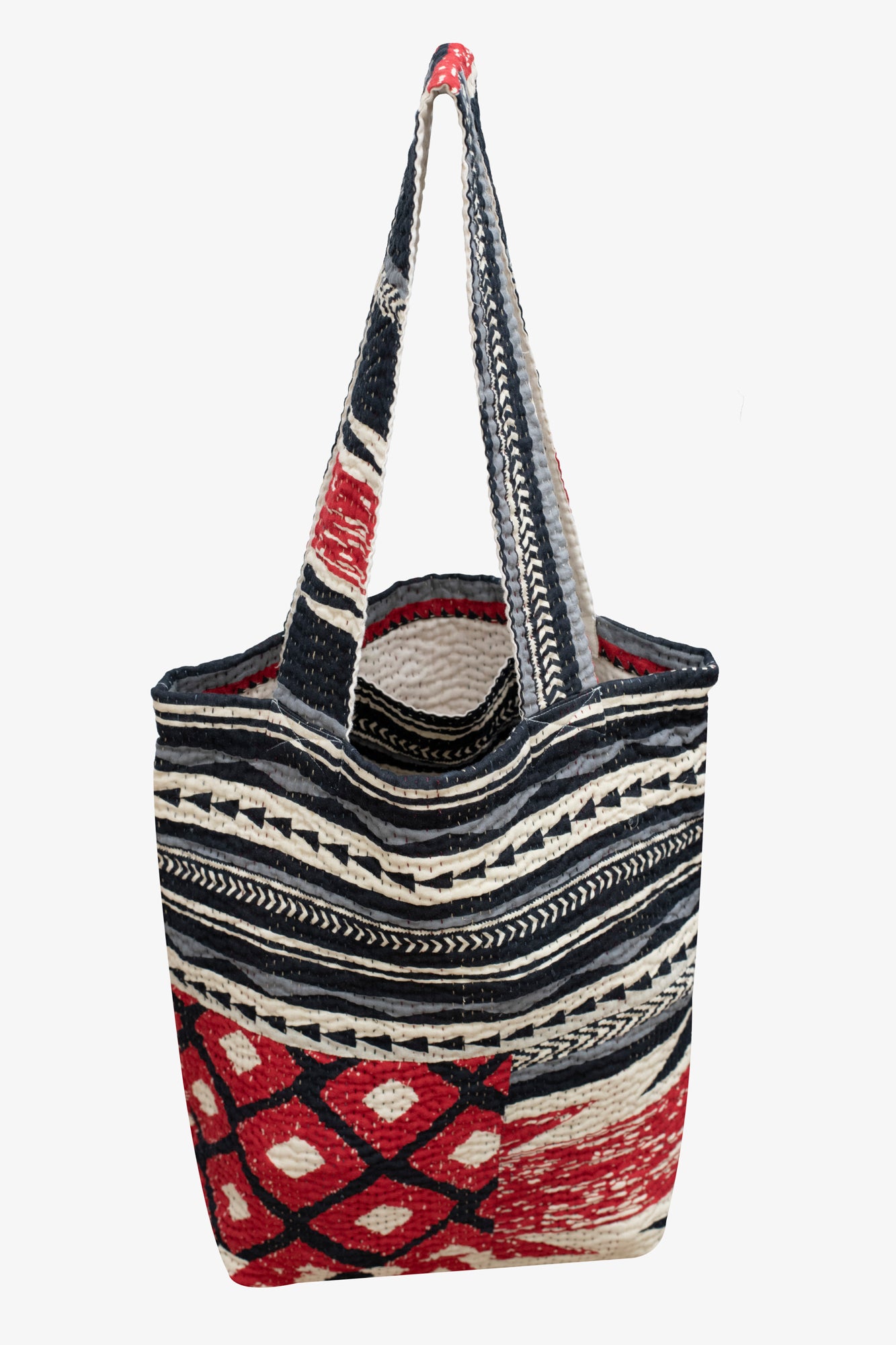 Monotone Ikat Handmade Vintage Kantha Tote Bag - Monotone Red