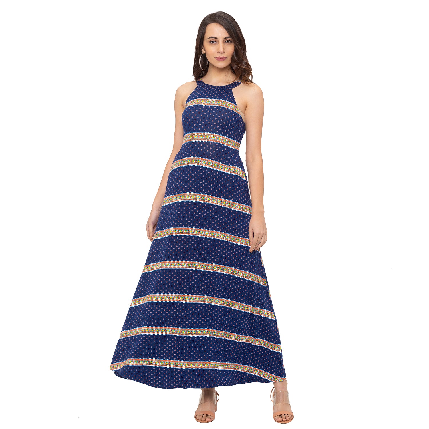 navy and white striped strapless dress