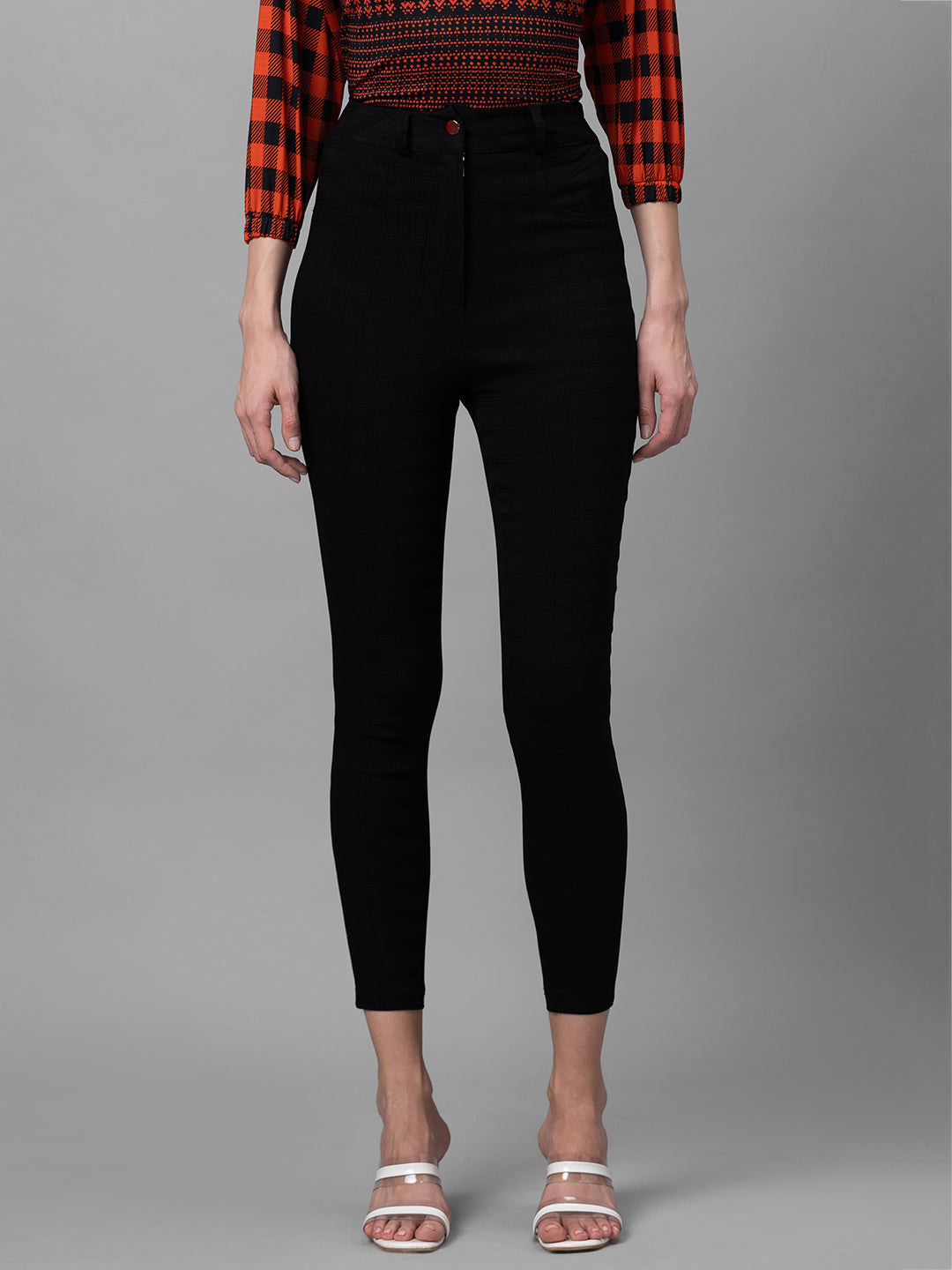 Buy Checked MidRise Cropped Slim Fit FlatFront Trousers Online at Best  Prices in India  JioMart