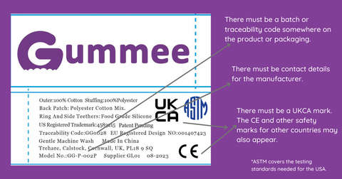 Example of product label, giving information about safety testing and contact details.